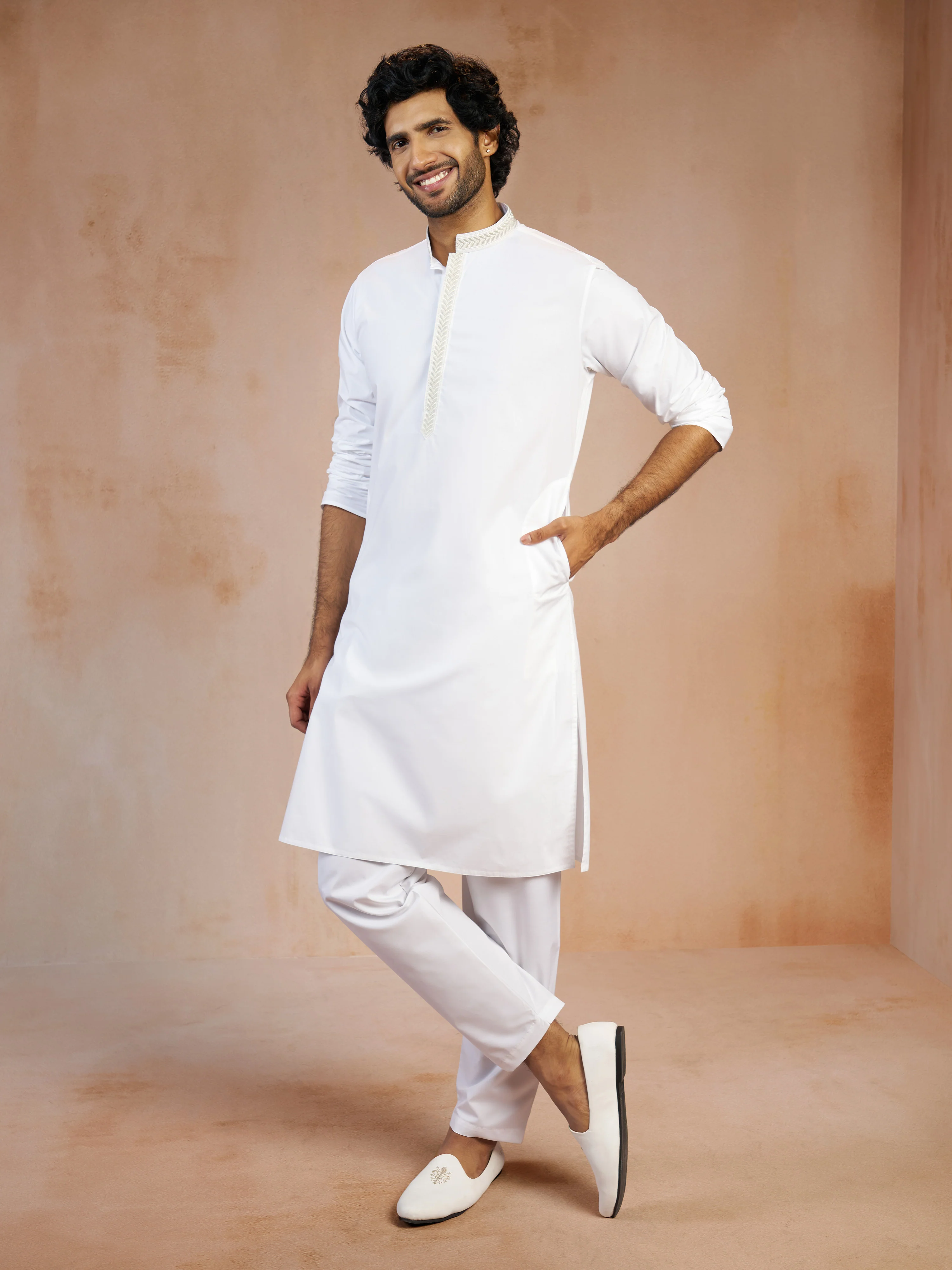 Men's White Thread Embroidered Cotton Kurta with White Cotton Aligarh Pyjama Set