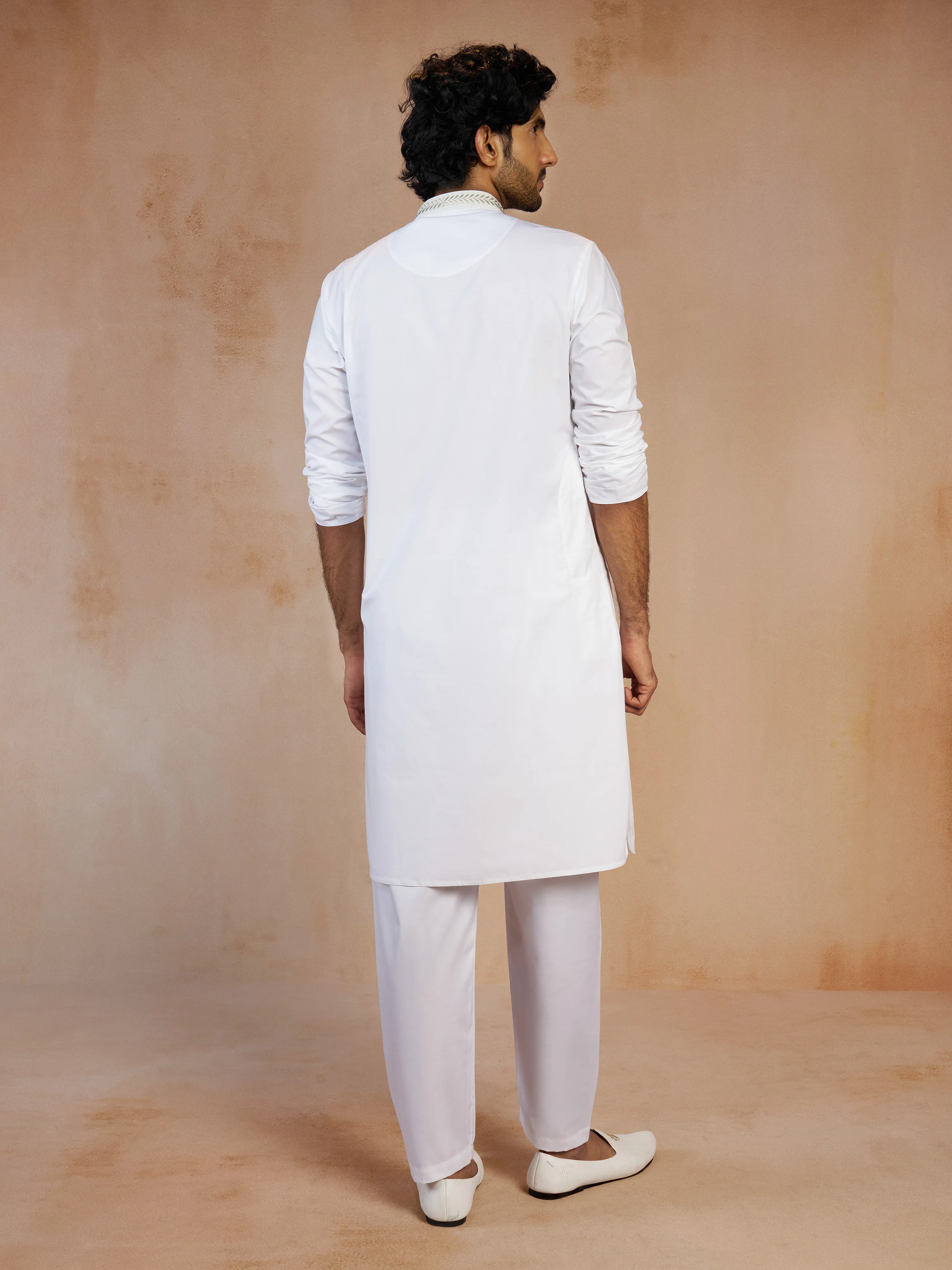 Men's White Thread Embroidered Cotton Kurta with White Cotton Aligarh Pyjama Set - Image 5