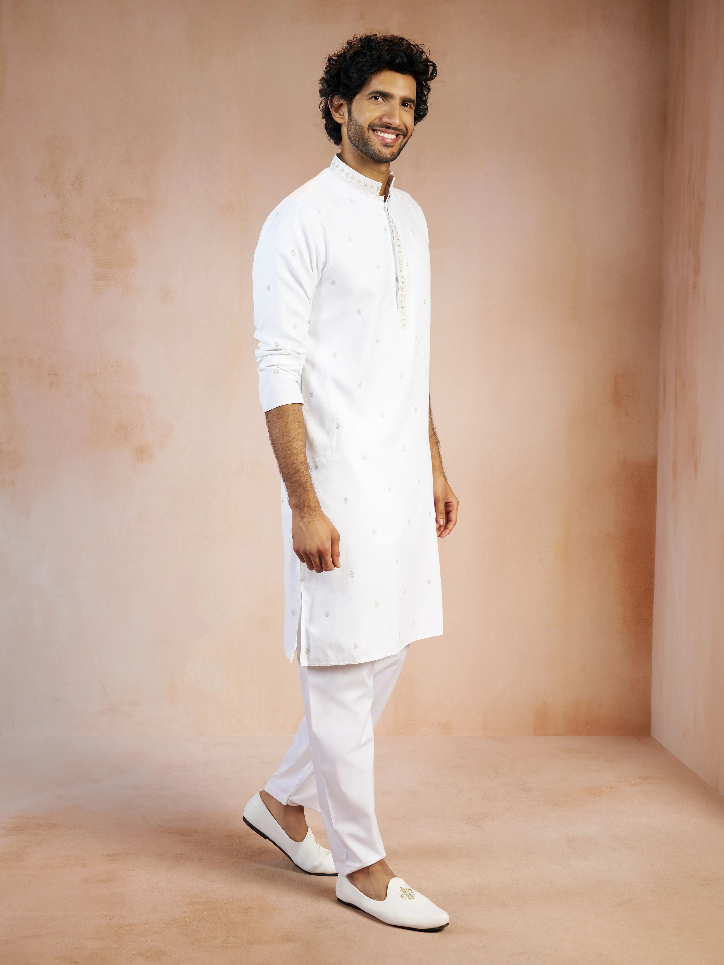 Men's White Thread Embroidered Jacquard Cotton Kurta with White Cotton Aligarh Pyjama Set - Image 3