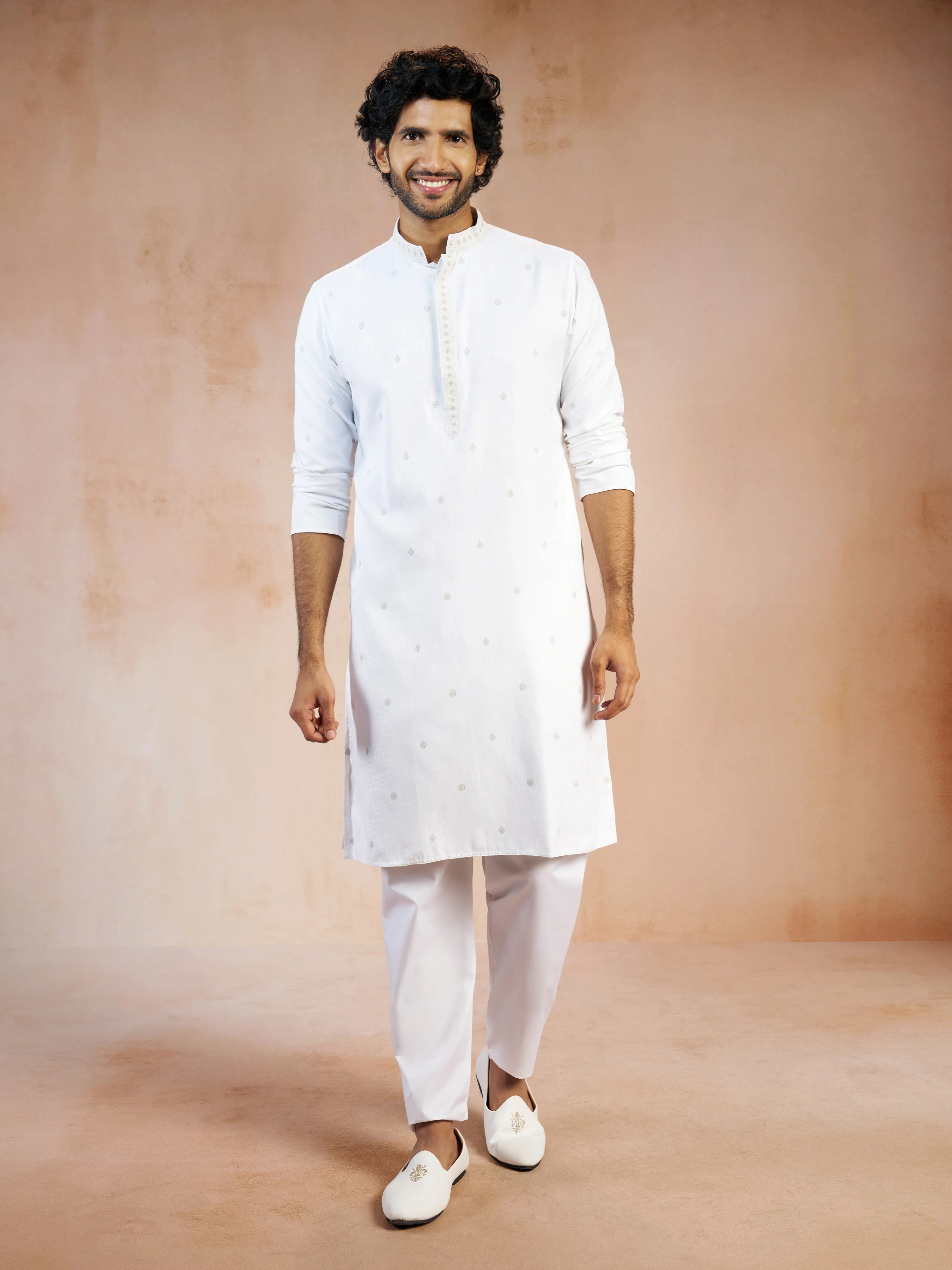 Men's White Thread Embroidered Jacquard Cotton Kurta with White Cotton Aligarh Pyjama Set - Image 4