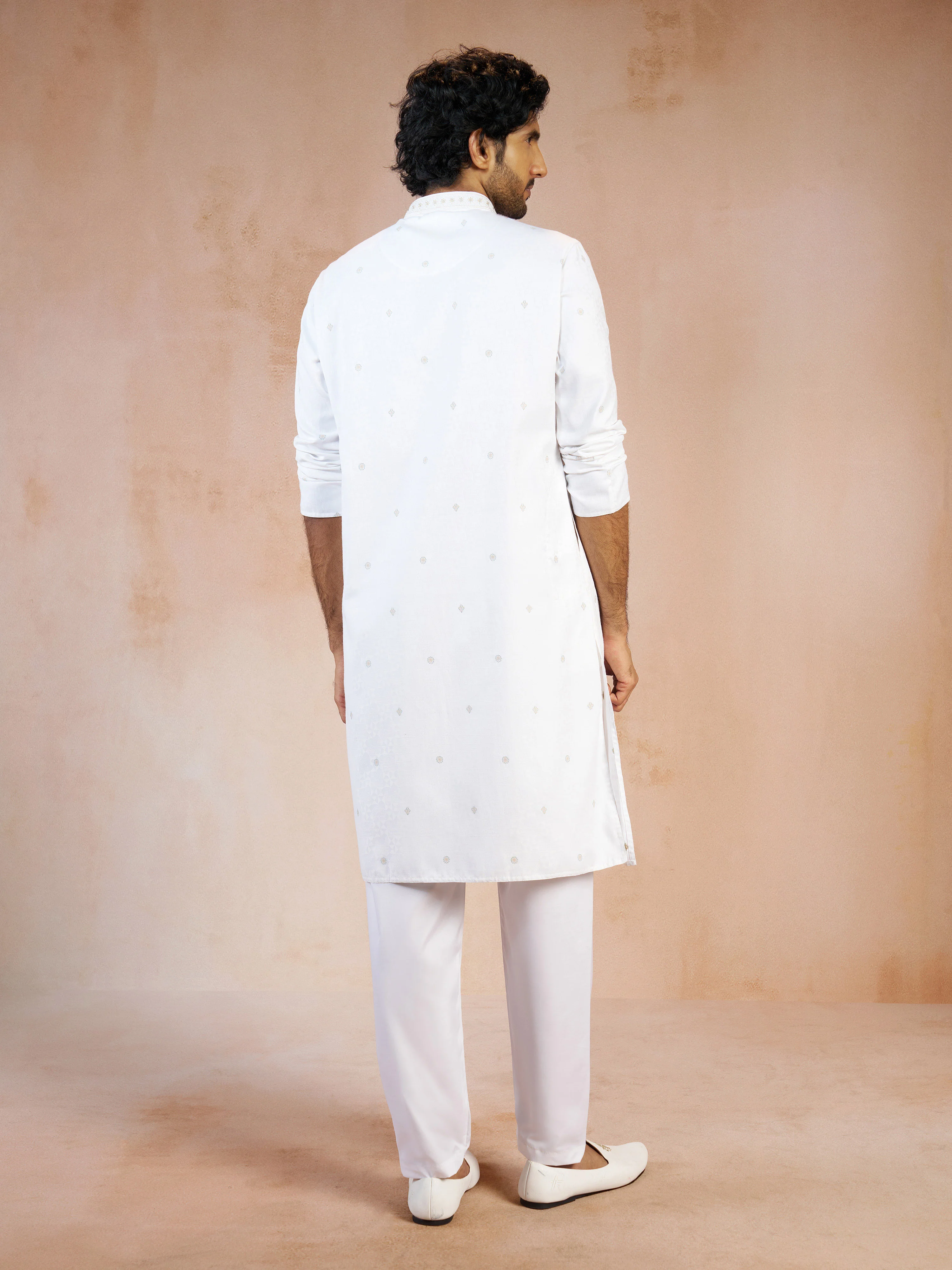 Men's White Thread Embroidered Jacquard Cotton Kurta with White Cotton Aligarh Pyjama Set - Image 5