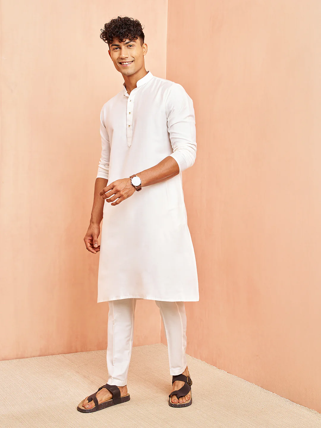 Men's White Viscose Kurta Long Sleeve Mandarin Collar Festive Wear - Image 4