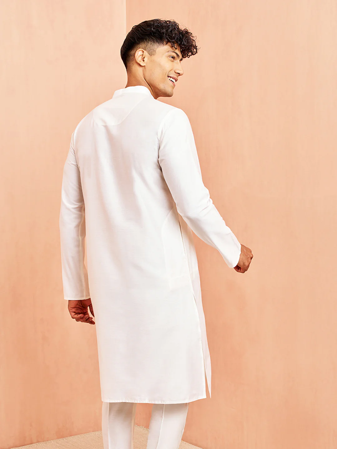 Men's White Viscose Kurta Long Sleeve Mandarin Collar Festive Wear - Image 5