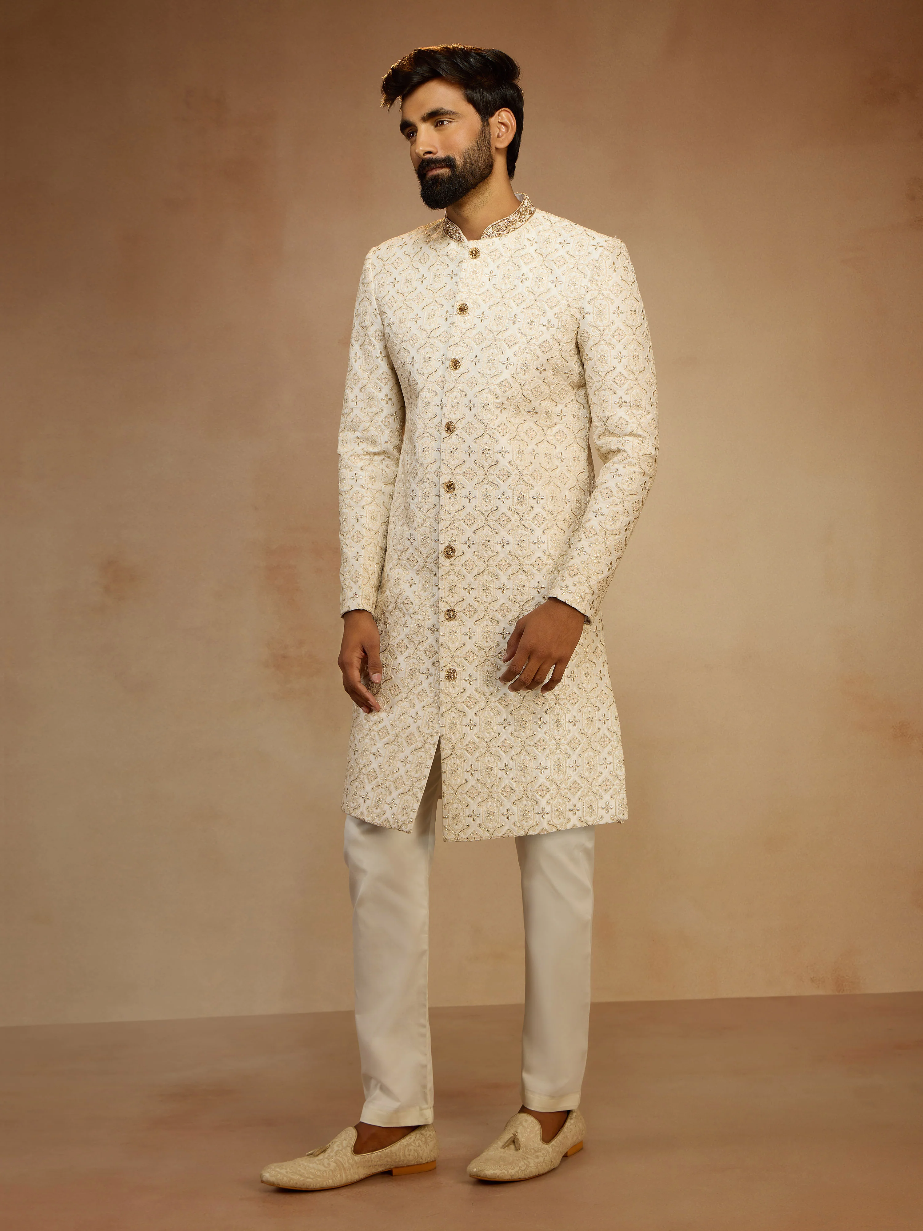 Men's White Zari Bead Floral Embroidered Silk Blend Sherwani with Cream Fine Satin Pyjama Set - Image 4