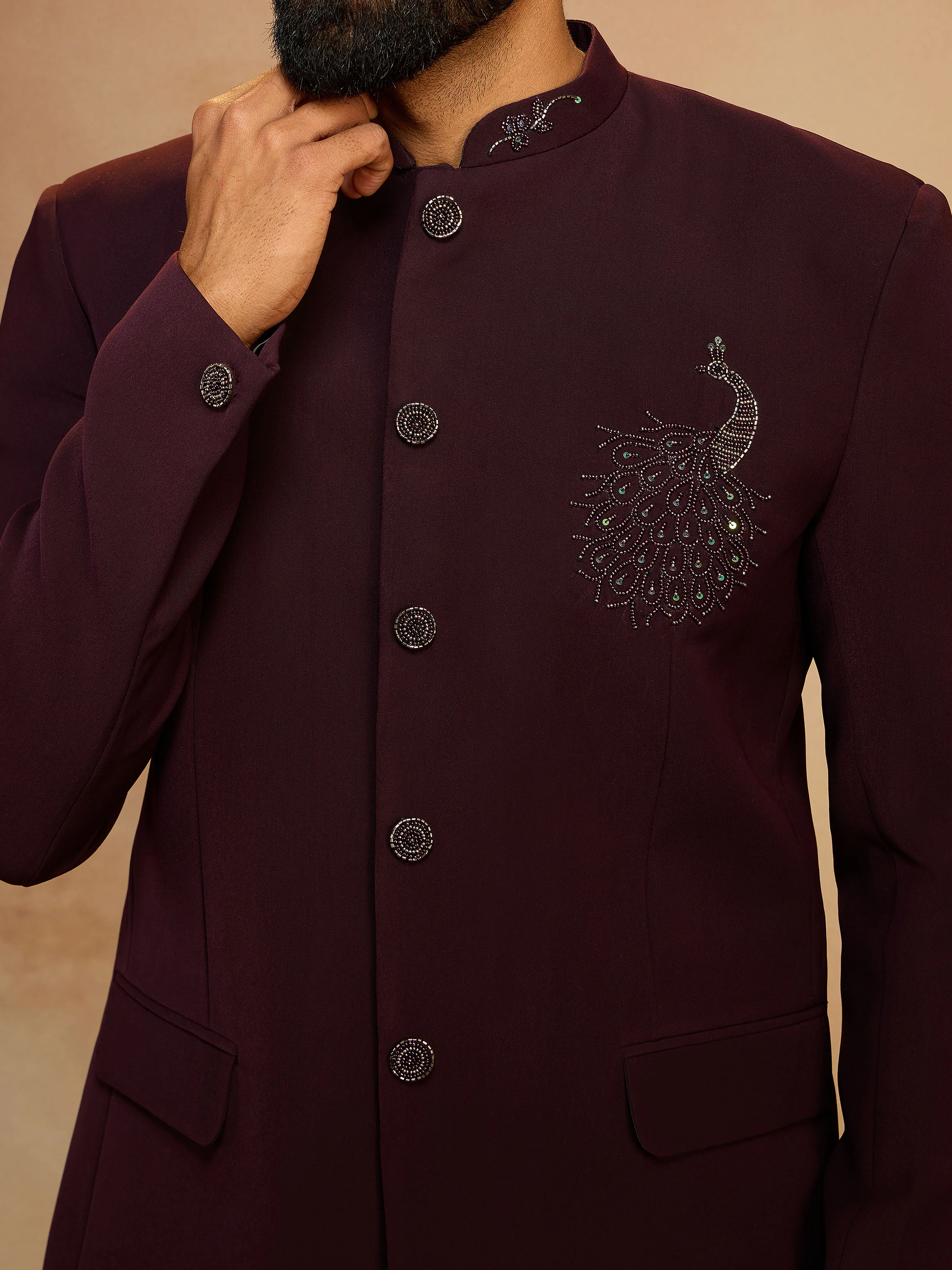 Men's Wine Sequin & Bead Embroidered Animal Floral Full Sleeve Jodhpuri - Image 2
