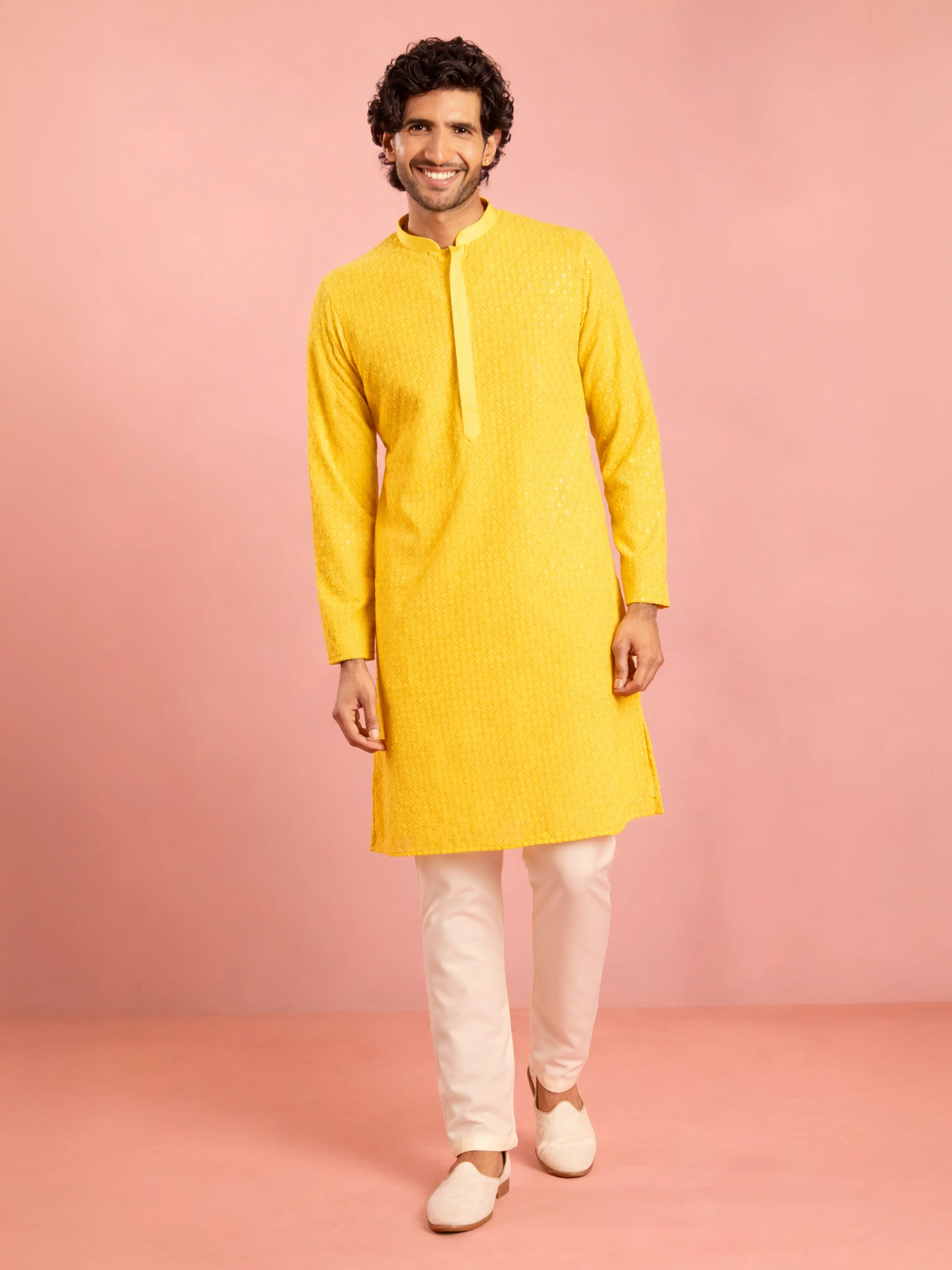 Men's Yellow Georgette Chikankari Embroidered Kurta with Cream Pyjama Set - Image 3