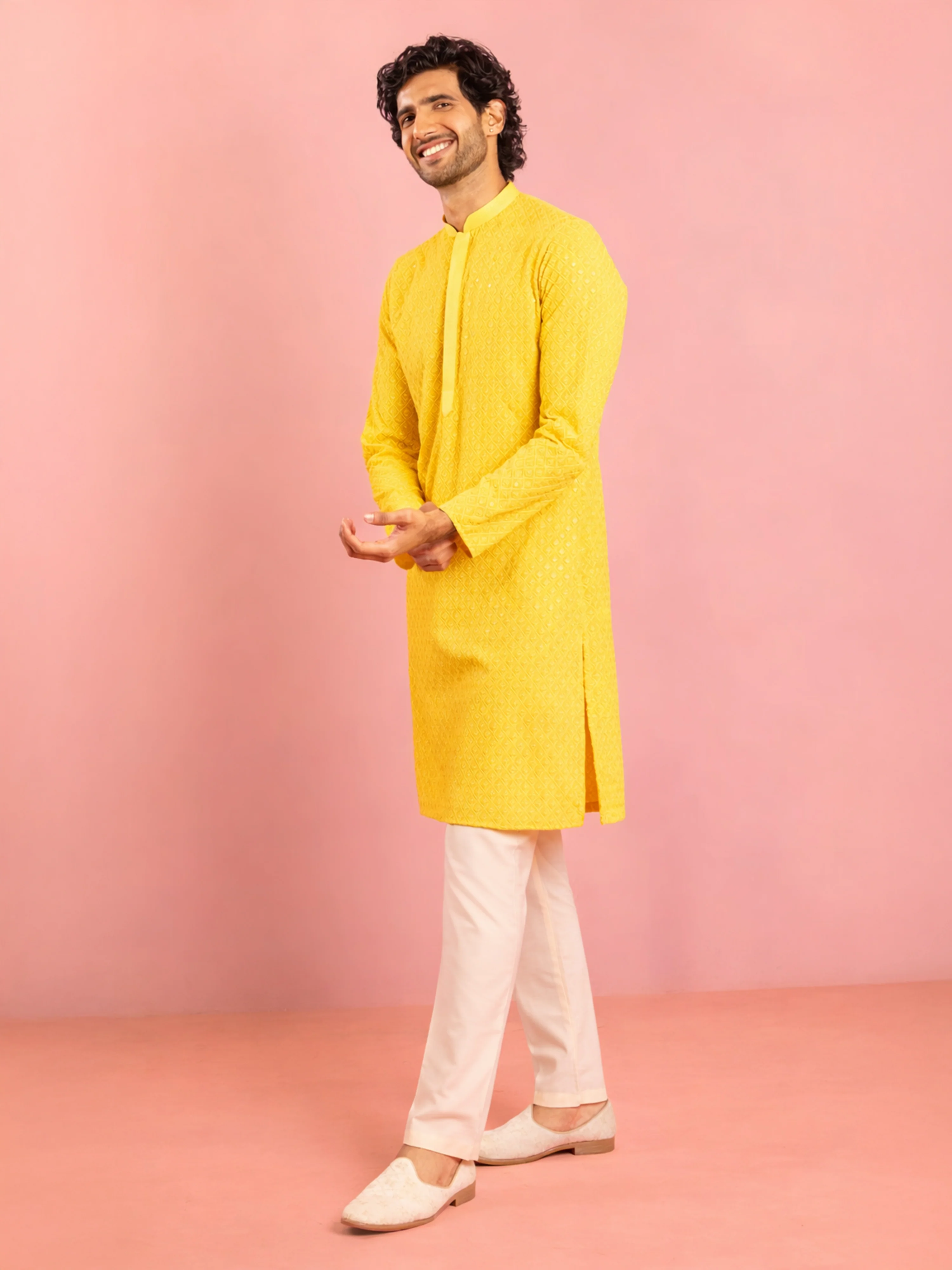 Men's Yellow Georgette Chikankari Embroidered Kurta with Cream Pyjama Set - Image 4