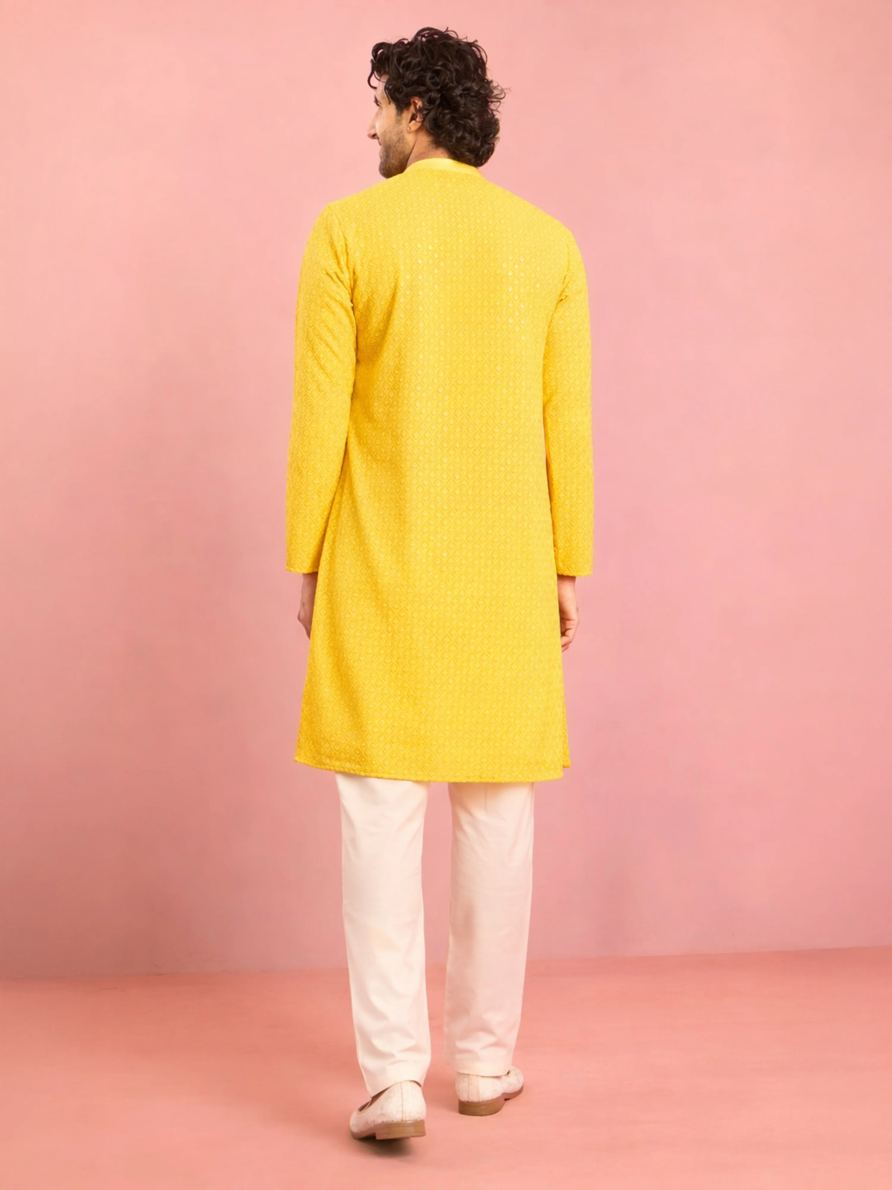 Men's Yellow Georgette Chikankari Embroidered Kurta with Cream Pyjama Set - Image 5