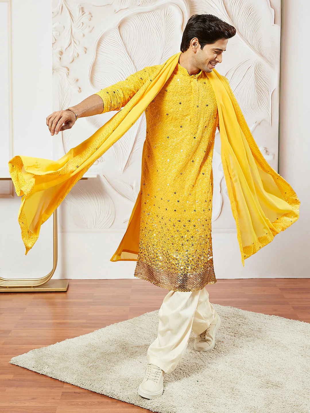 Men Yellow Georgette Sequin Embroidered Dupatta - Image 4