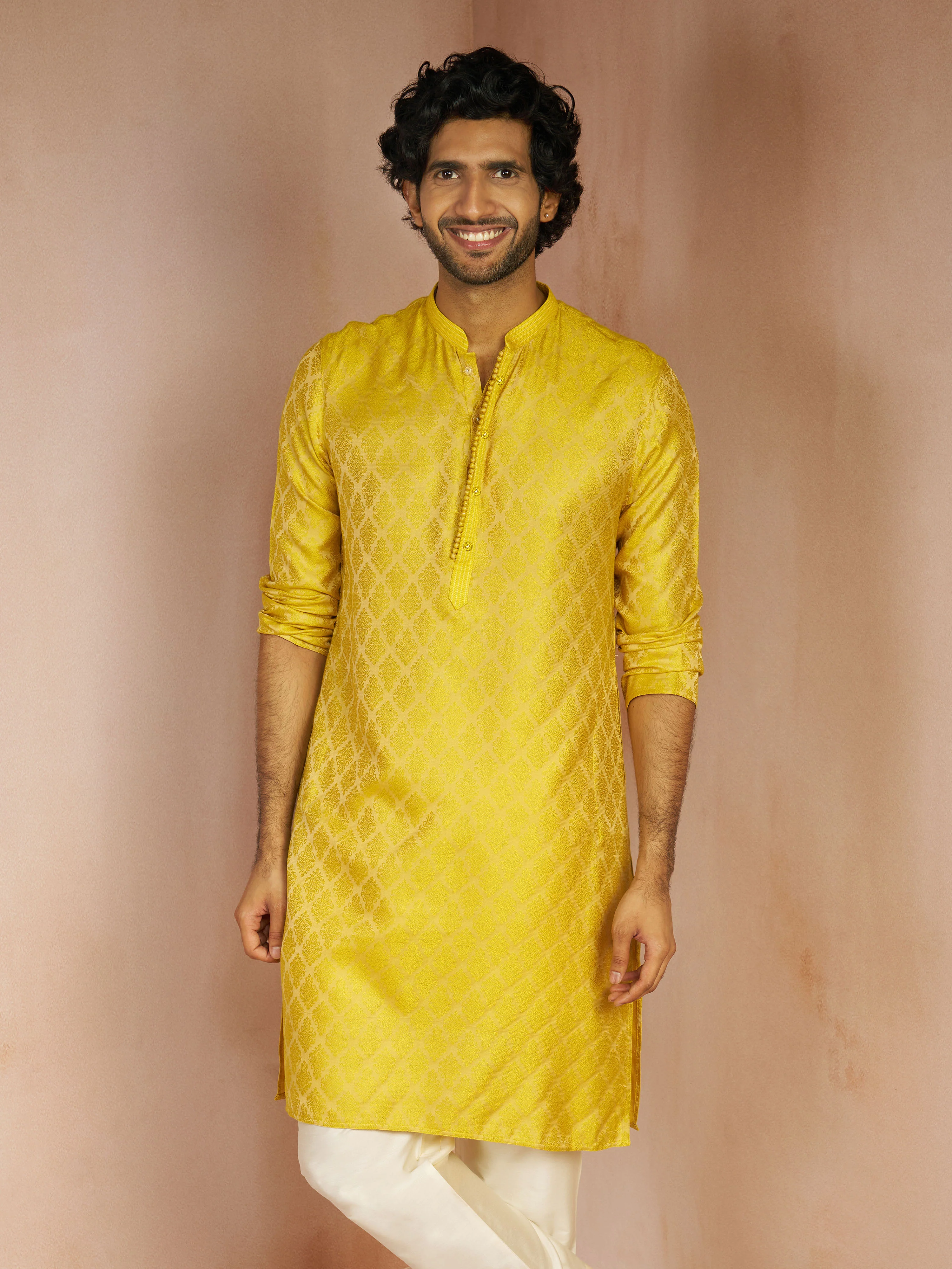 Men's Yellow Jacquard Geometric Thread Embroidered Silk Blend Straight Kurta