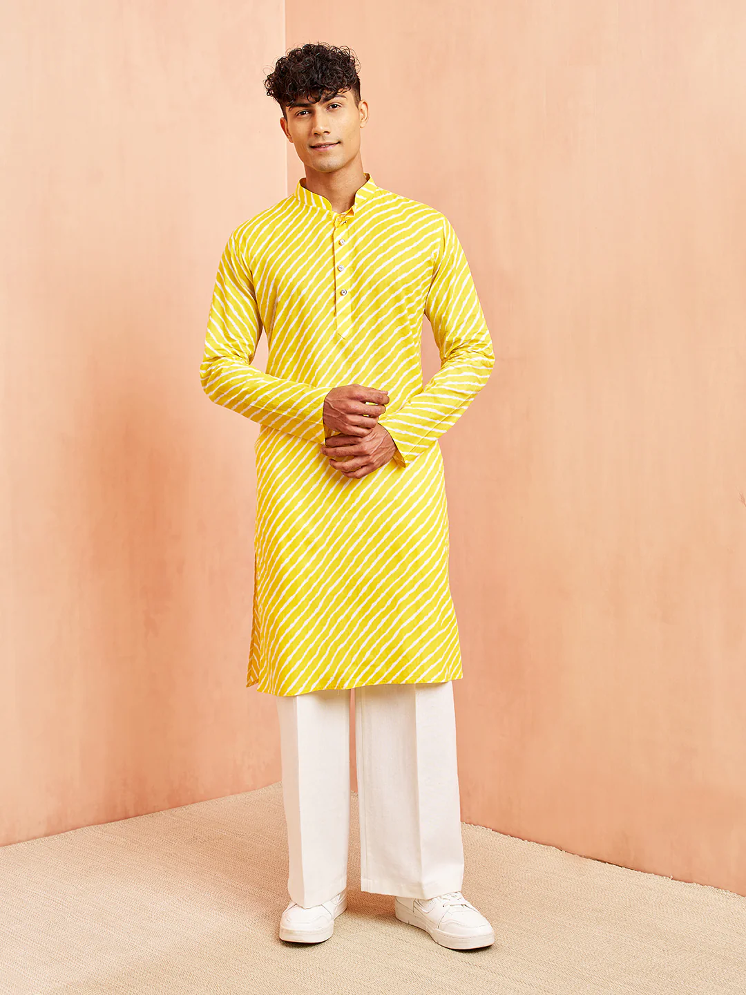 Men's Yellow Lahariya Print Kurta with White Pant Set - Image 3