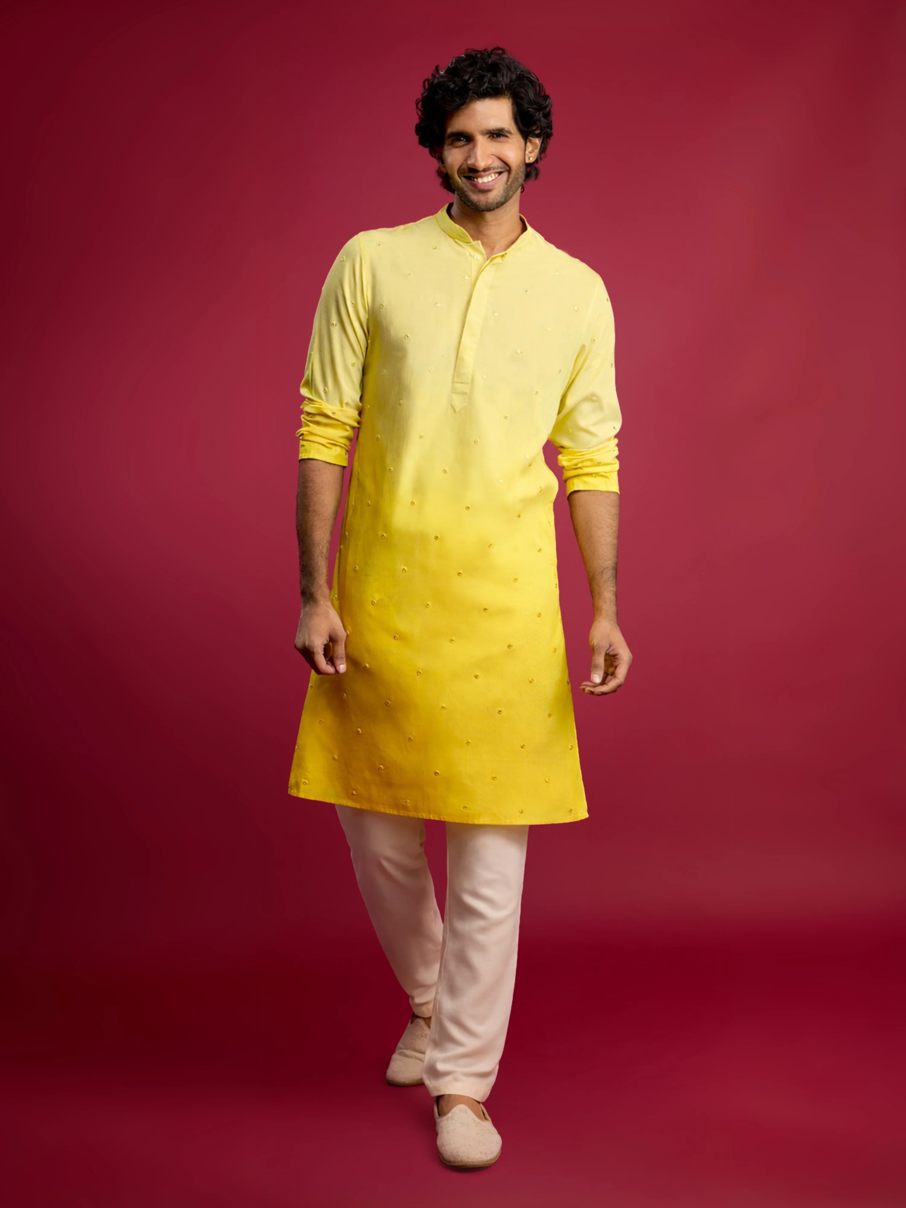 Men's Yellow Ombre Cotton Blend Kurta with Cream Viscose Pyjama Set