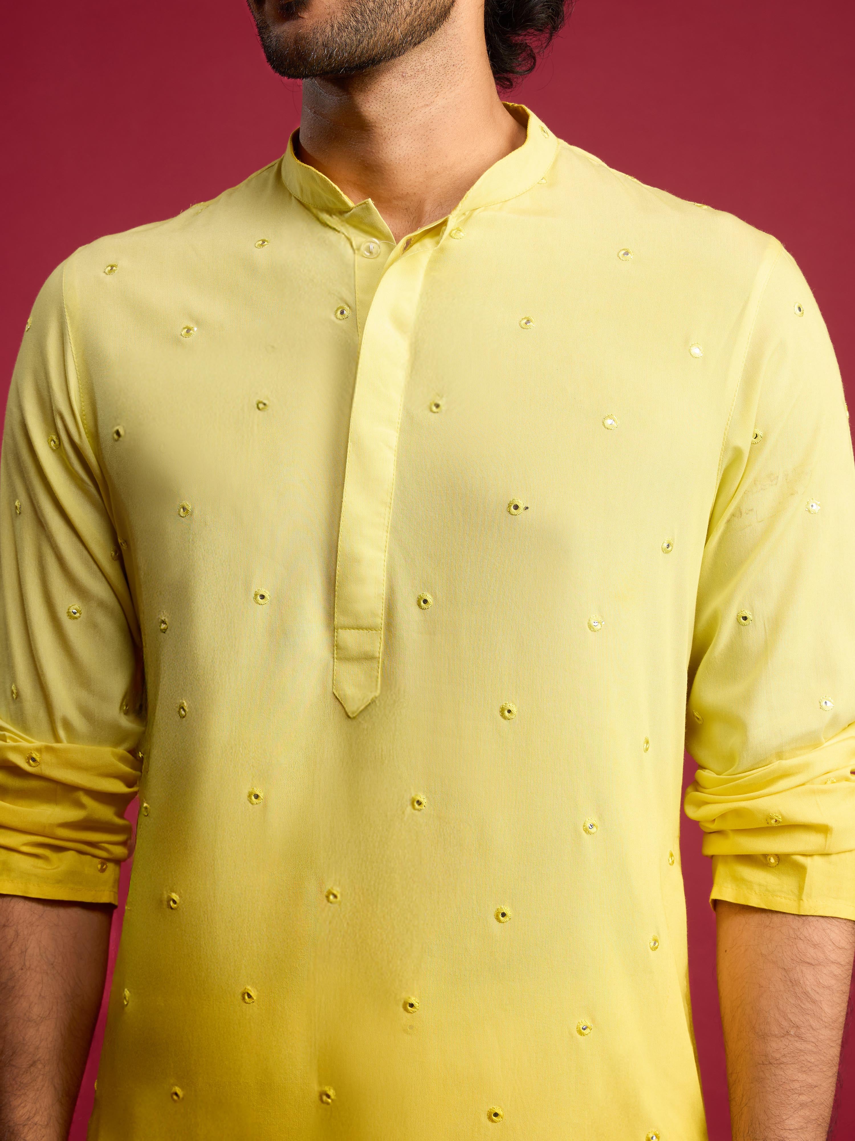 Men's Yellow Ombre Cotton Blend Kurta with Cream Viscose Pyjama Set - Image 2