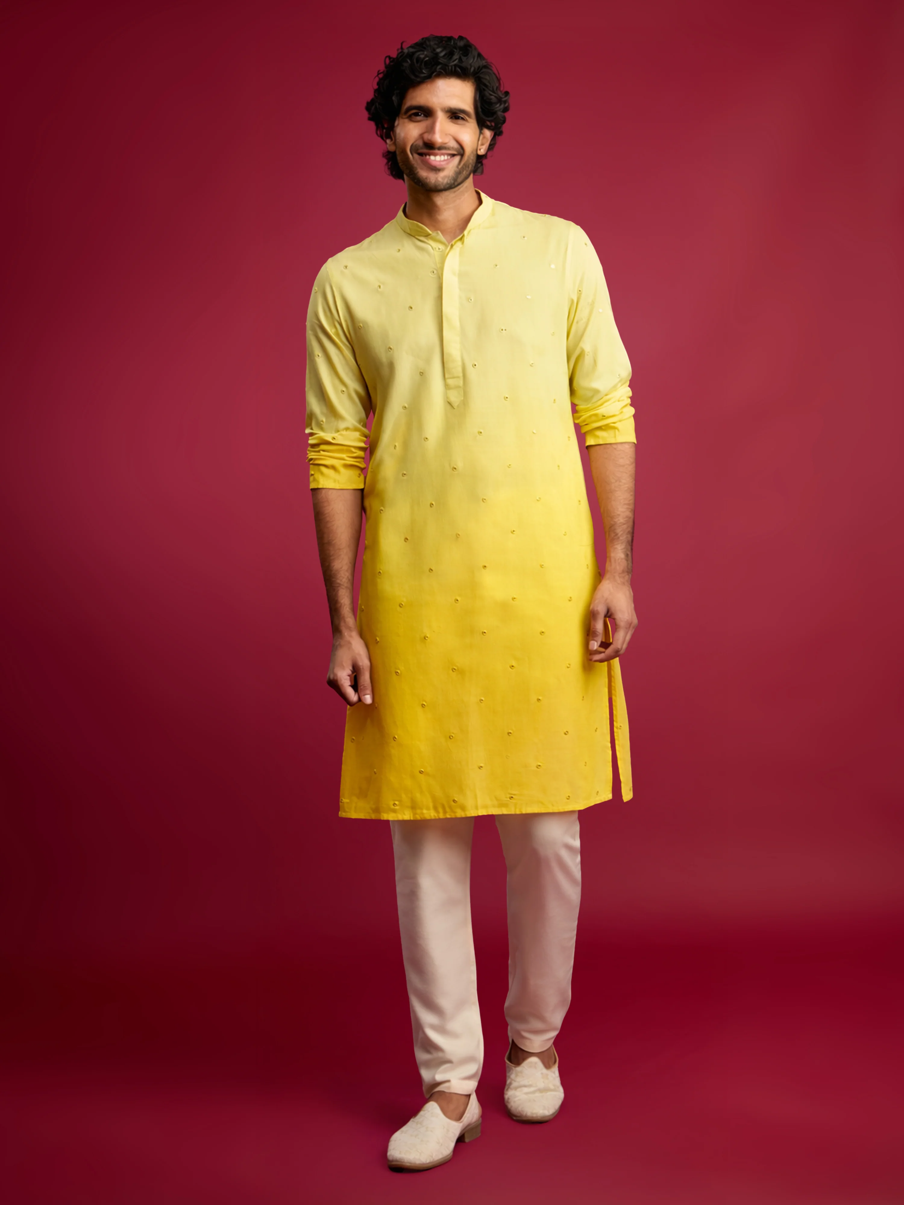 Men's Yellow Ombre Cotton Blend Kurta with Cream Viscose Pyjama Set - Image 3
