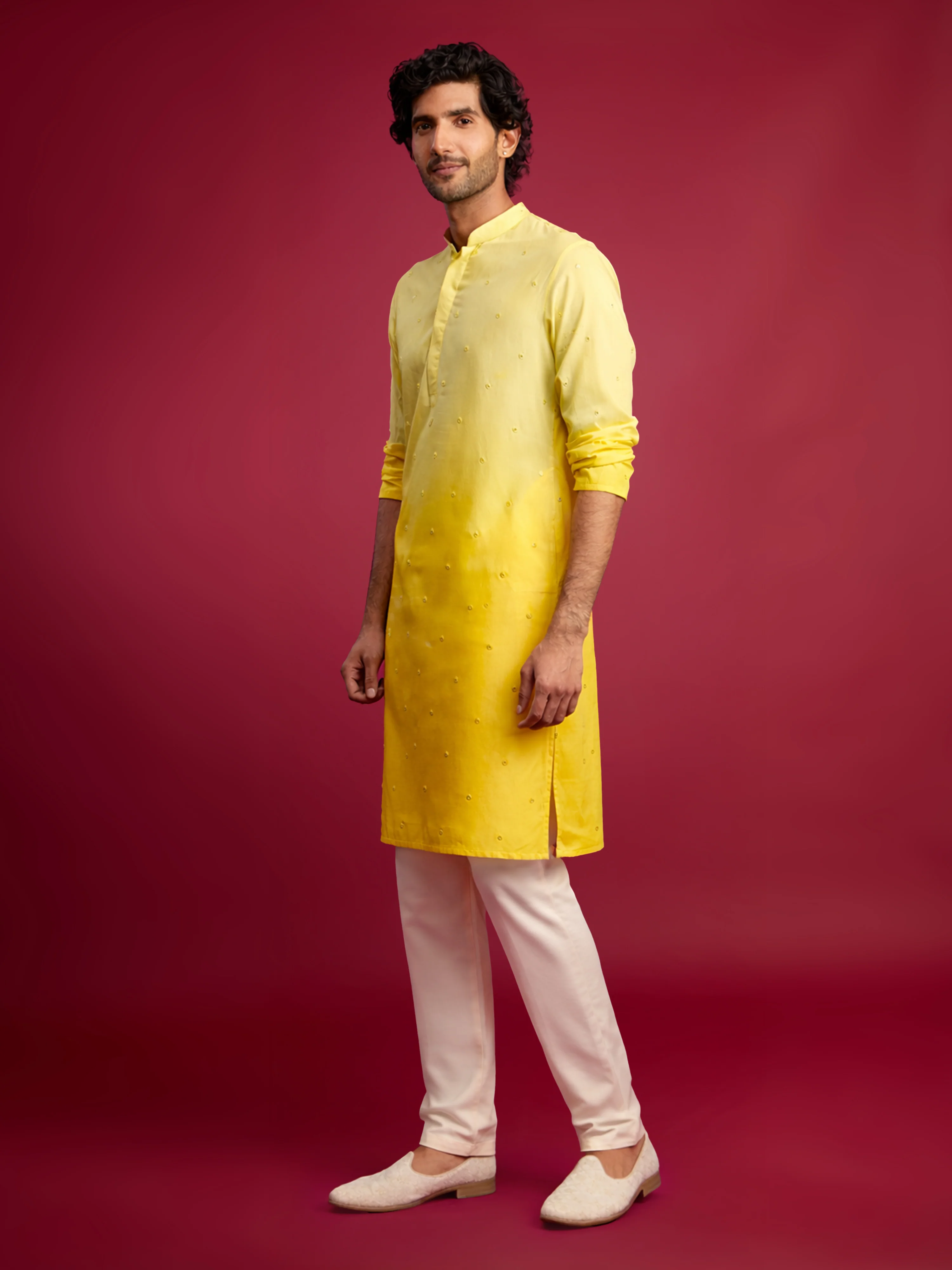 Men's Yellow Ombre Cotton Blend Kurta with Cream Viscose Pyjama Set - Image 4