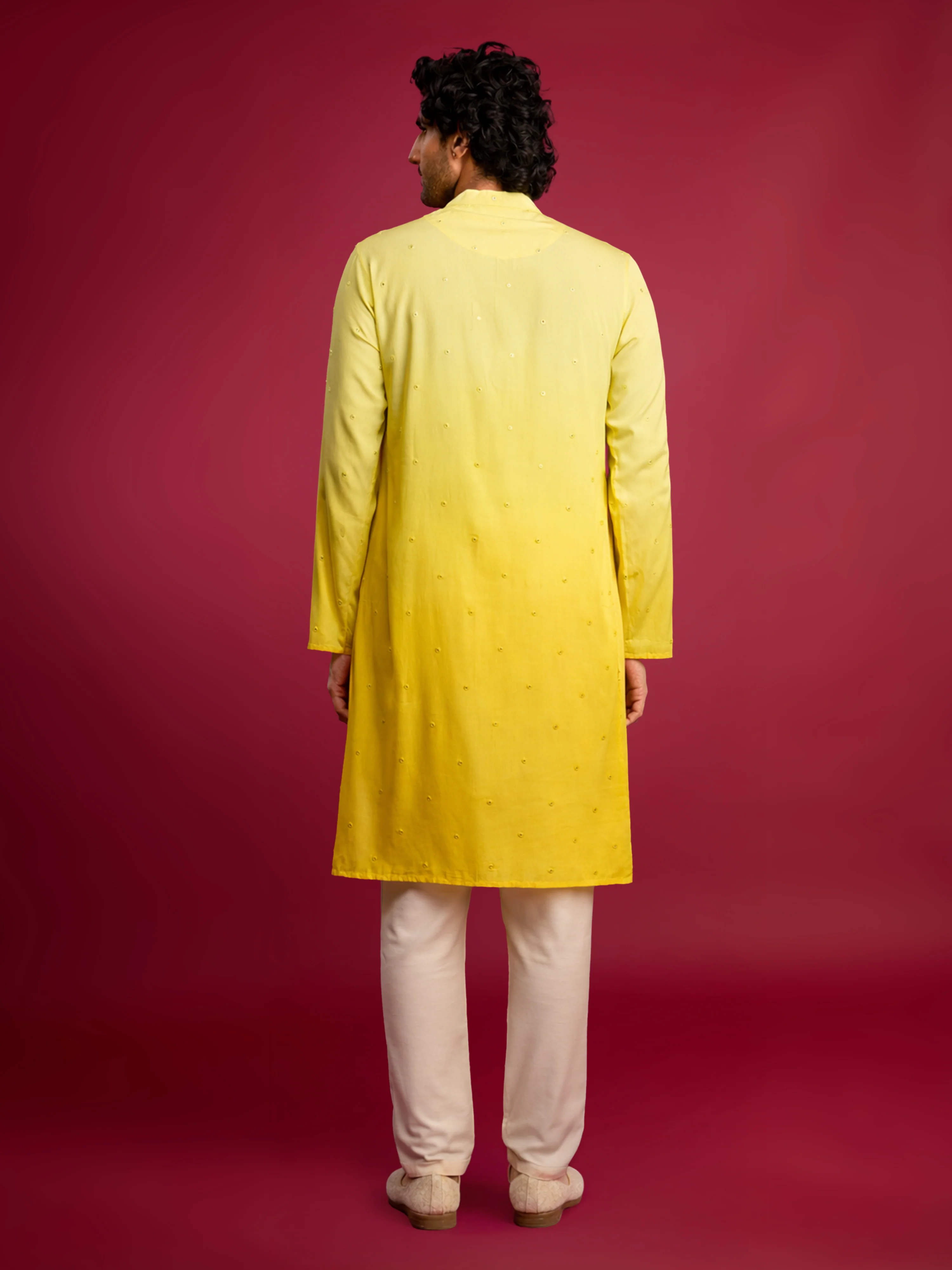 Men's Yellow Ombre Cotton Blend Kurta with Cream Viscose Pyjama Set - Image 5