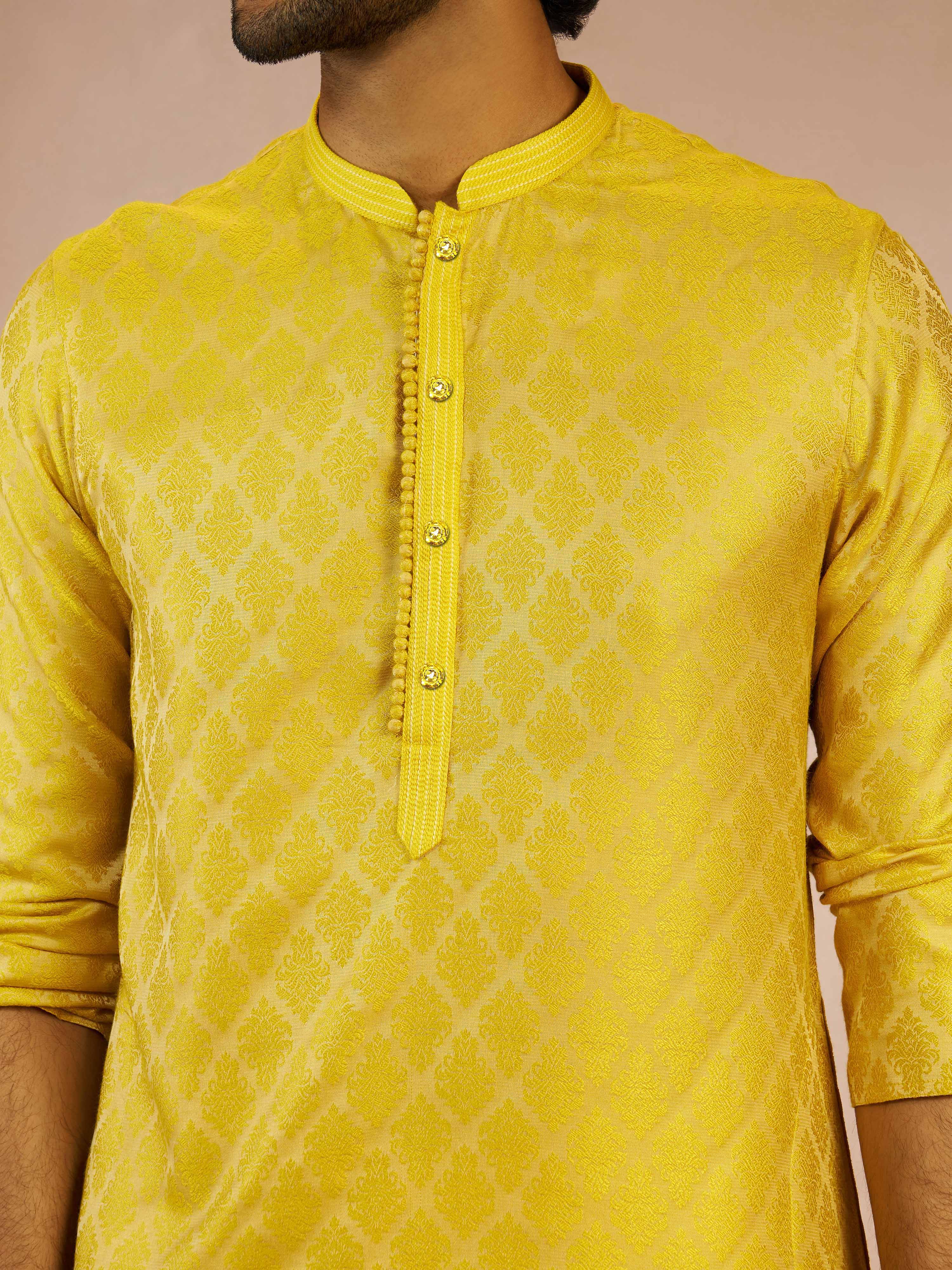 Men's Yellow Silk Blend Jacquard Thread Embroidery Long Kurta with Cream Viscose Pyjama Set - Image 2