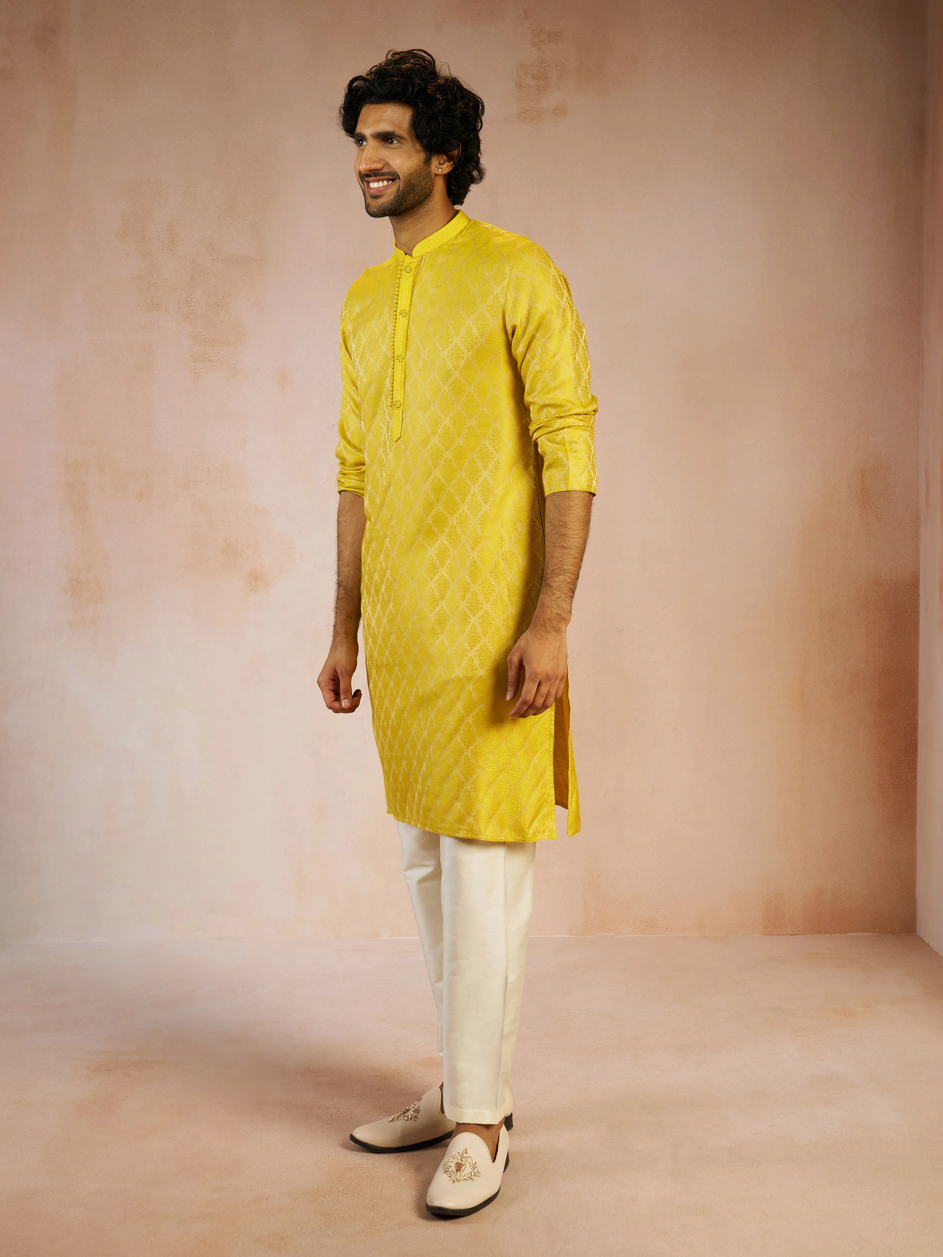 Men's Yellow Silk Blend Jacquard Thread Embroidery Long Kurta with Cream Viscose Pyjama Set - Image 3