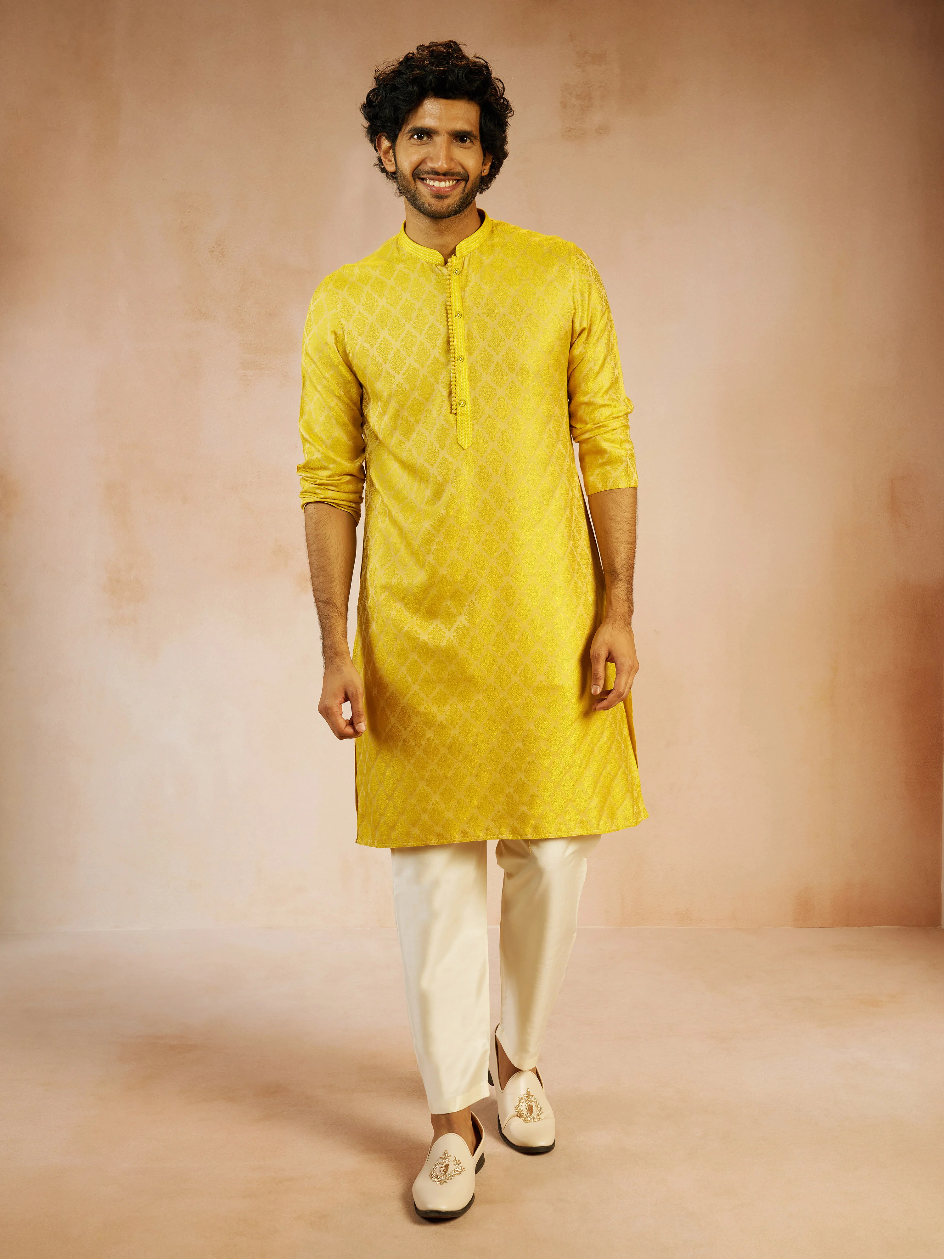 Men's Yellow Silk Blend Jacquard Thread Embroidery Long Kurta with Cream Viscose Pyjama Set - Image 4