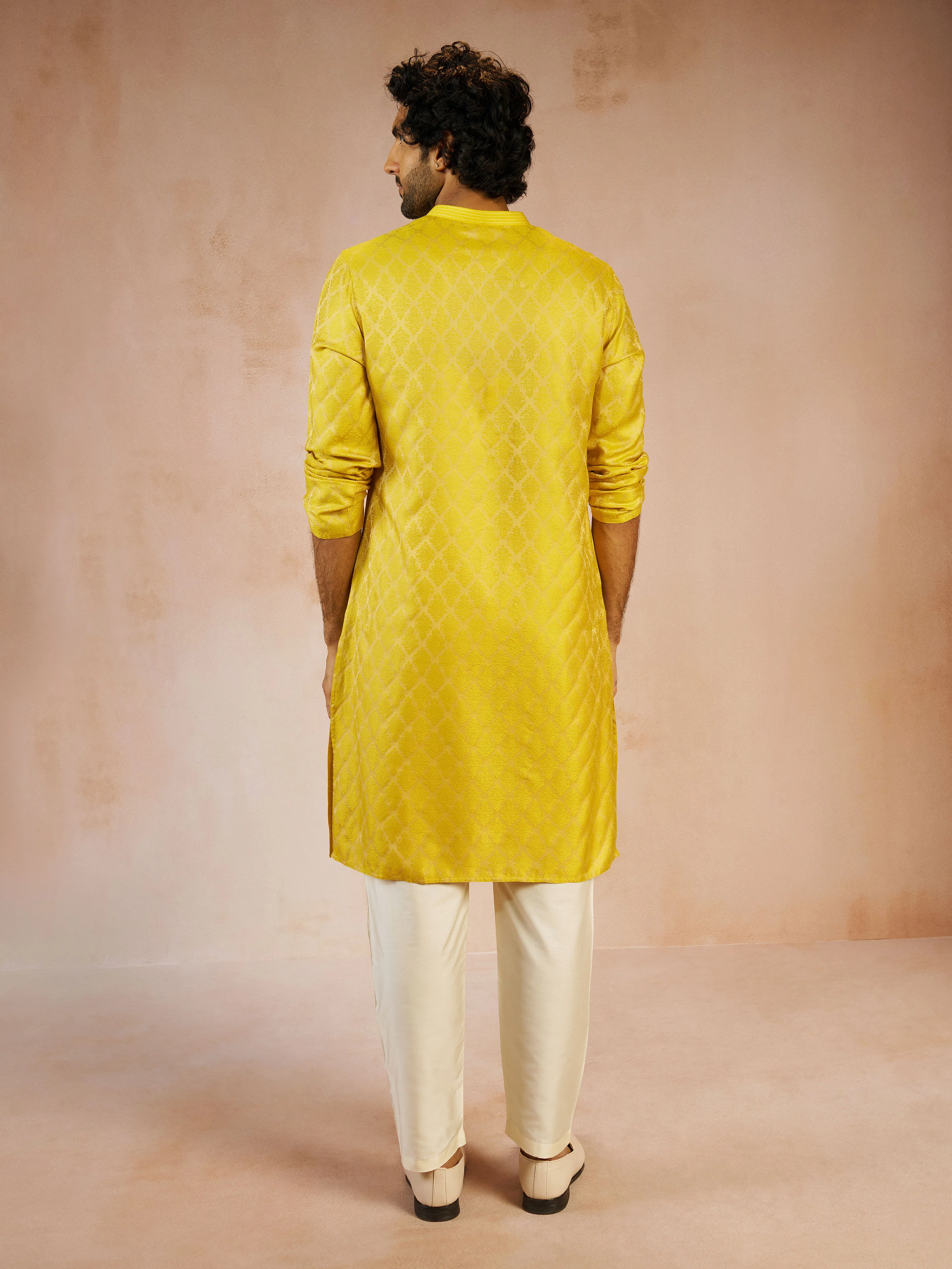 Men's Yellow Silk Blend Jacquard Thread Embroidery Long Kurta with Cream Viscose Pyjama Set - Image 5