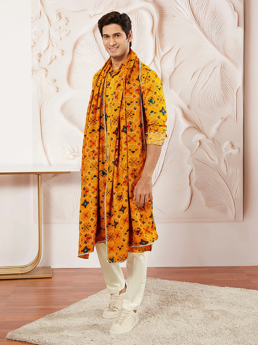 Men's Yellow Silk Blend Kurta Pyjama Dupatta Set - Image 4