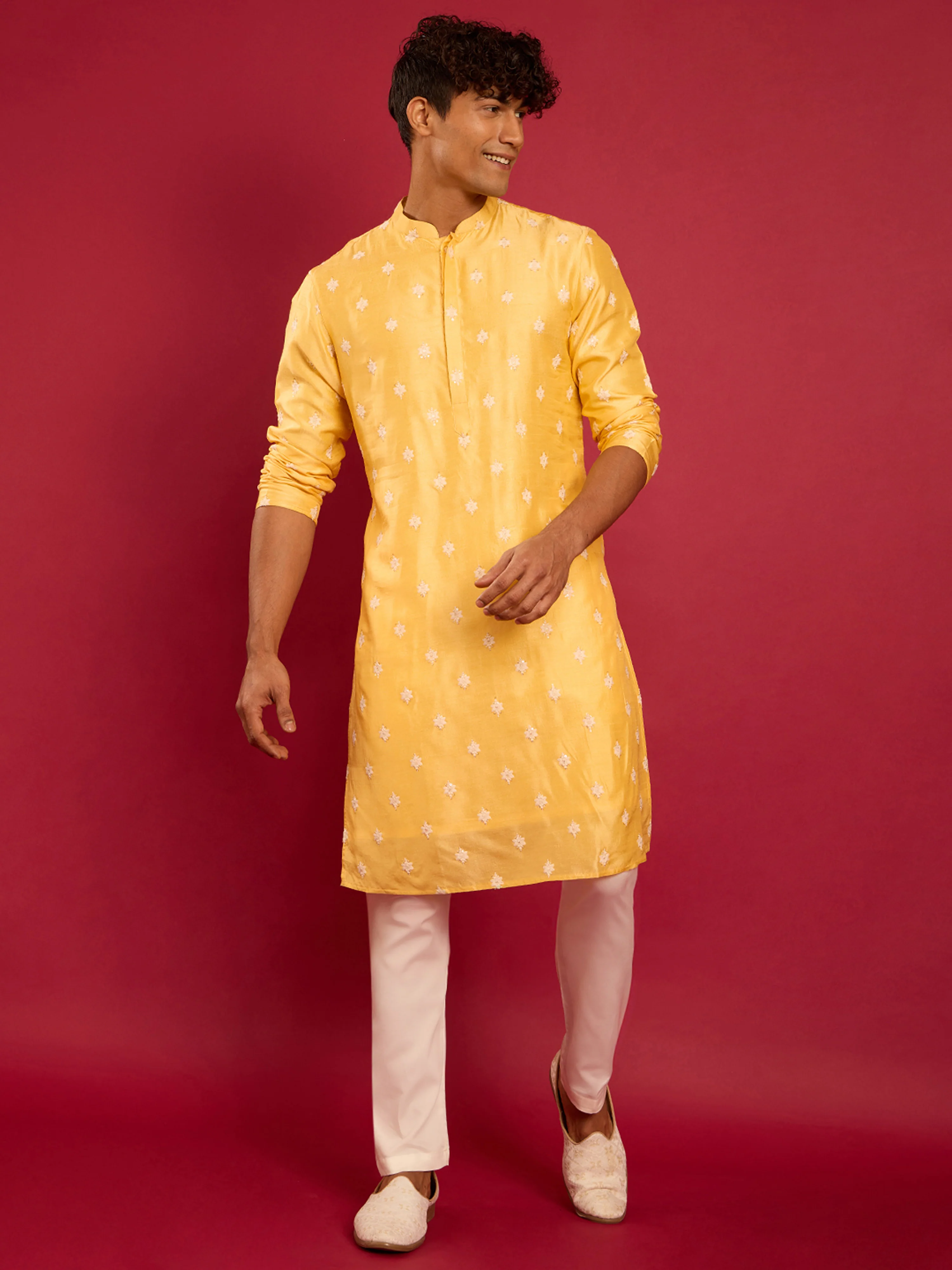 Men's Yellow Silk Thread Embroidered Kurta with Cream Fine Satin Pyjama Set - Image 3