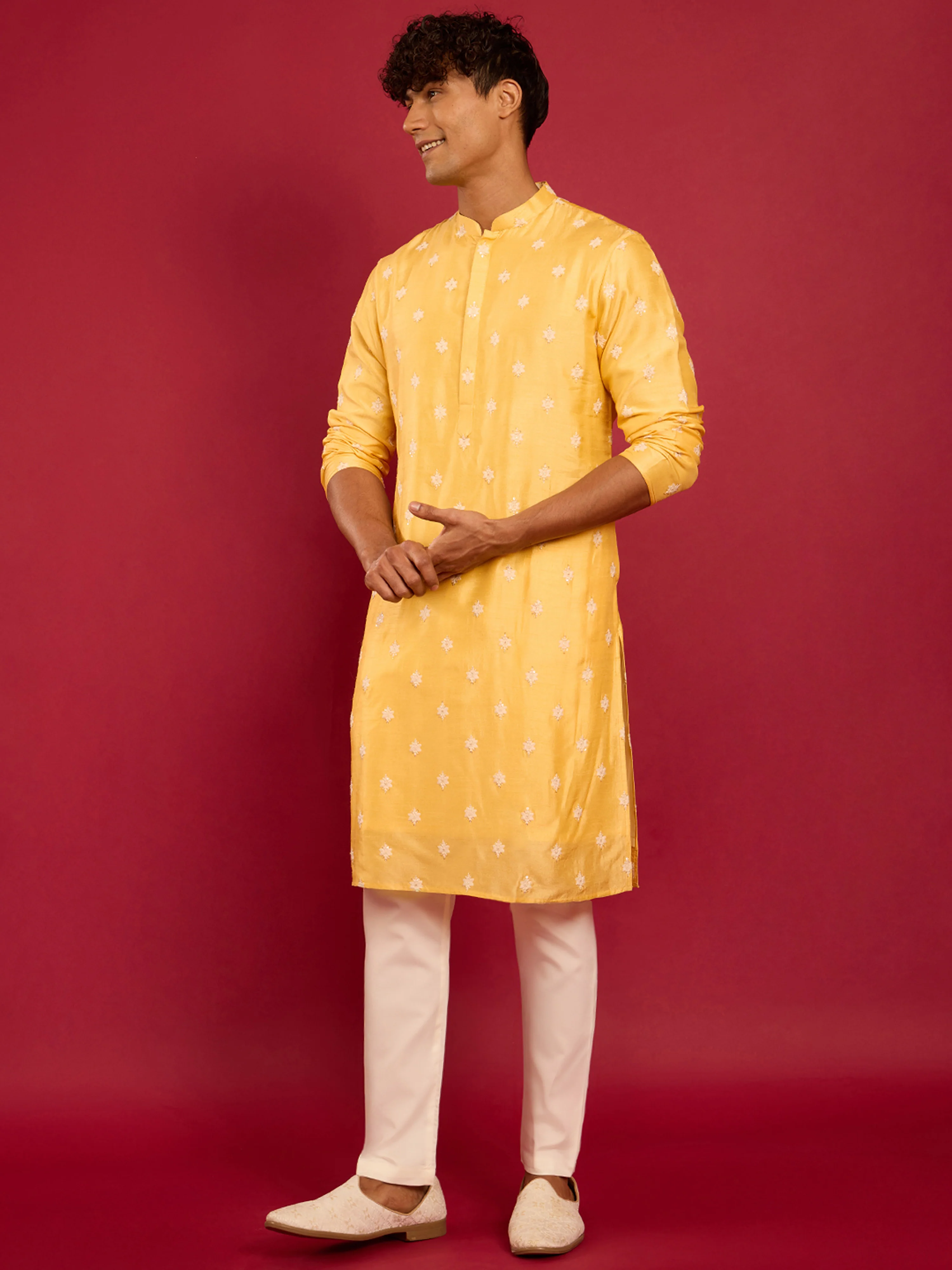 Men's Yellow Silk Thread Embroidered Kurta with Cream Fine Satin Pyjama Set - Image 4