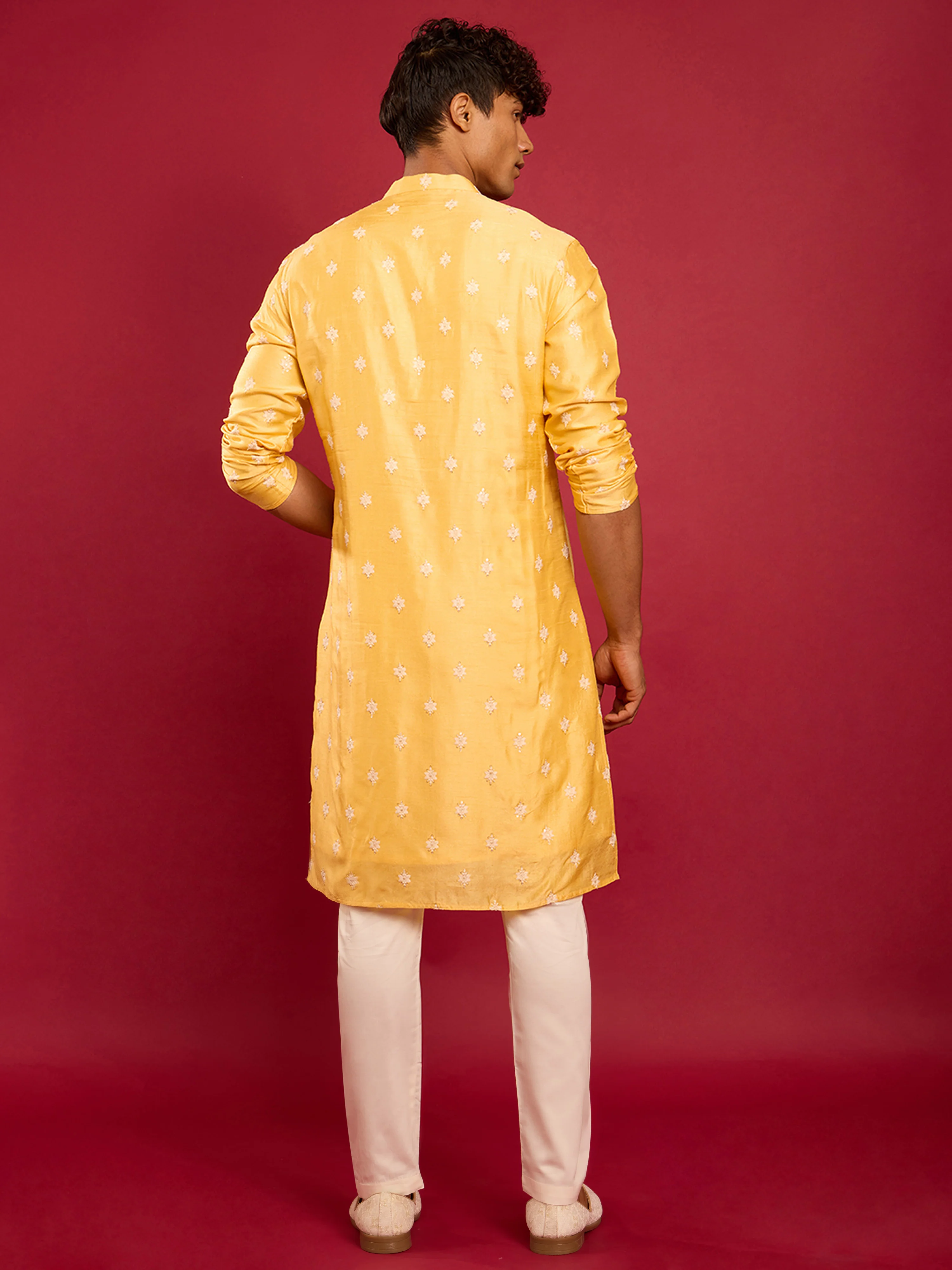 Men's Yellow Silk Thread Embroidered Kurta with Cream Fine Satin Pyjama Set - Image 5