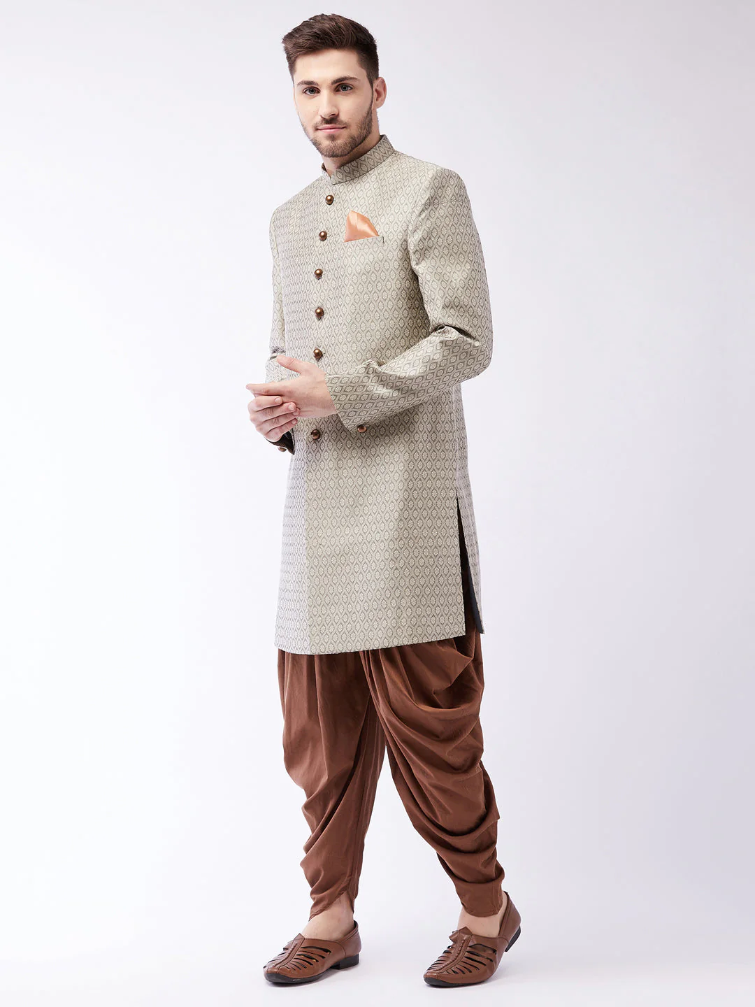 Men's Beige, Grey And Coffee Brown Silk Blend Sherwani Set - Image 2
