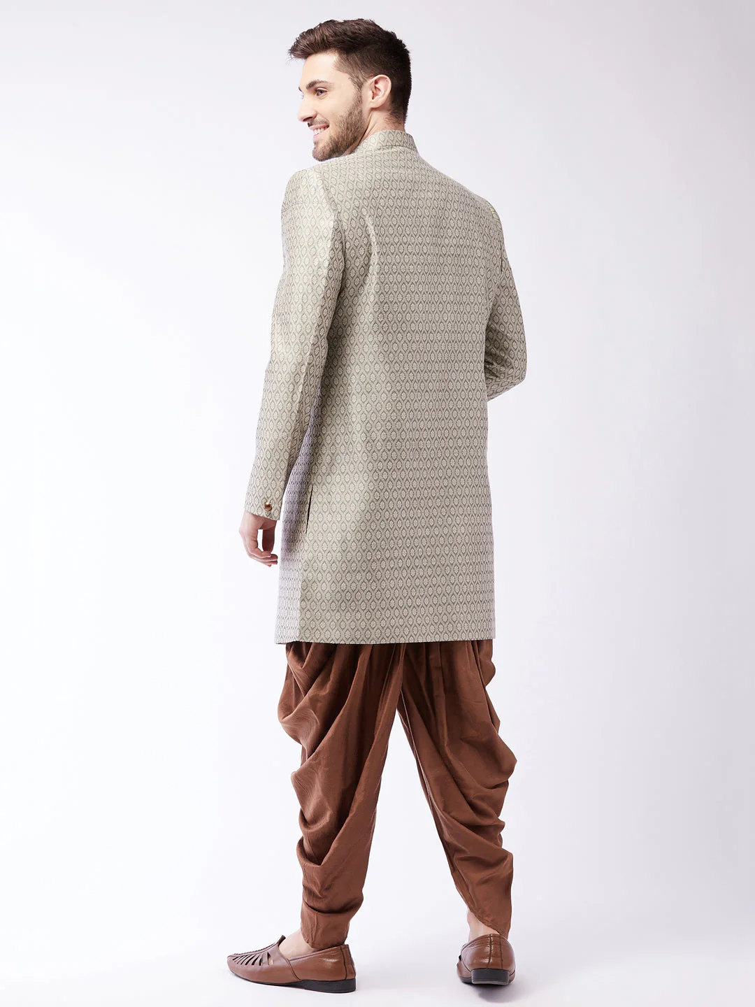 Men's Beige, Grey And Coffee Brown Silk Blend Sherwani Set - Image 3