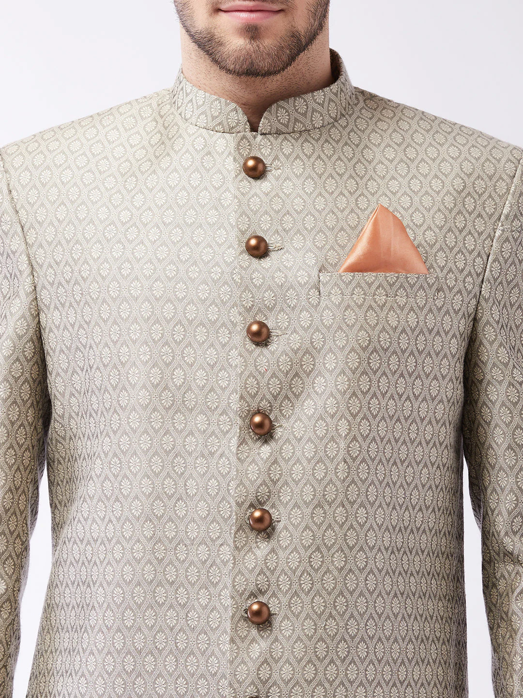Men's Beige, Grey And Coffee Brown Silk Blend Sherwani Set - Image 4