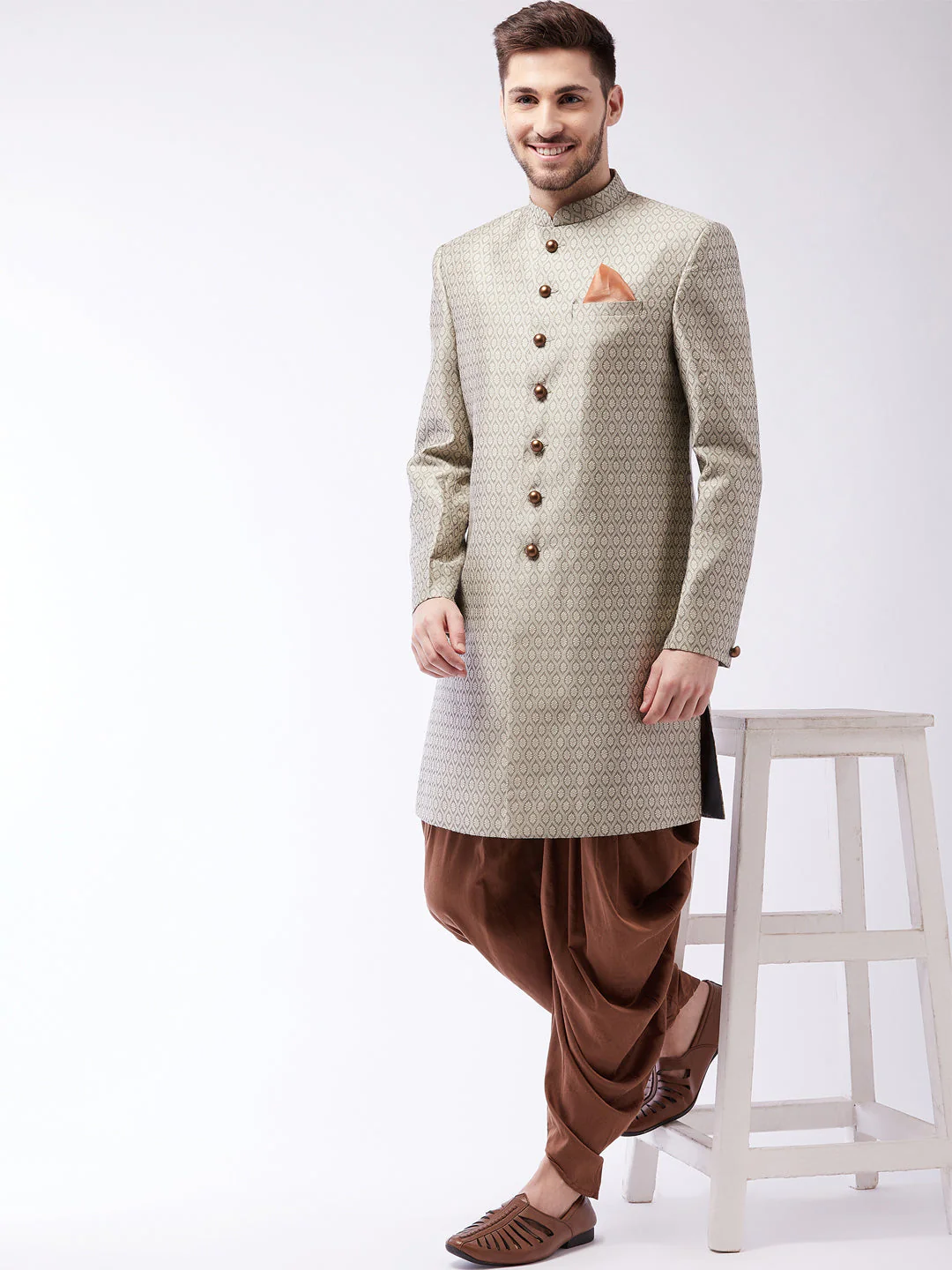 Men's Beige, Grey And Coffee Brown Silk Blend Sherwani Set - Image 6