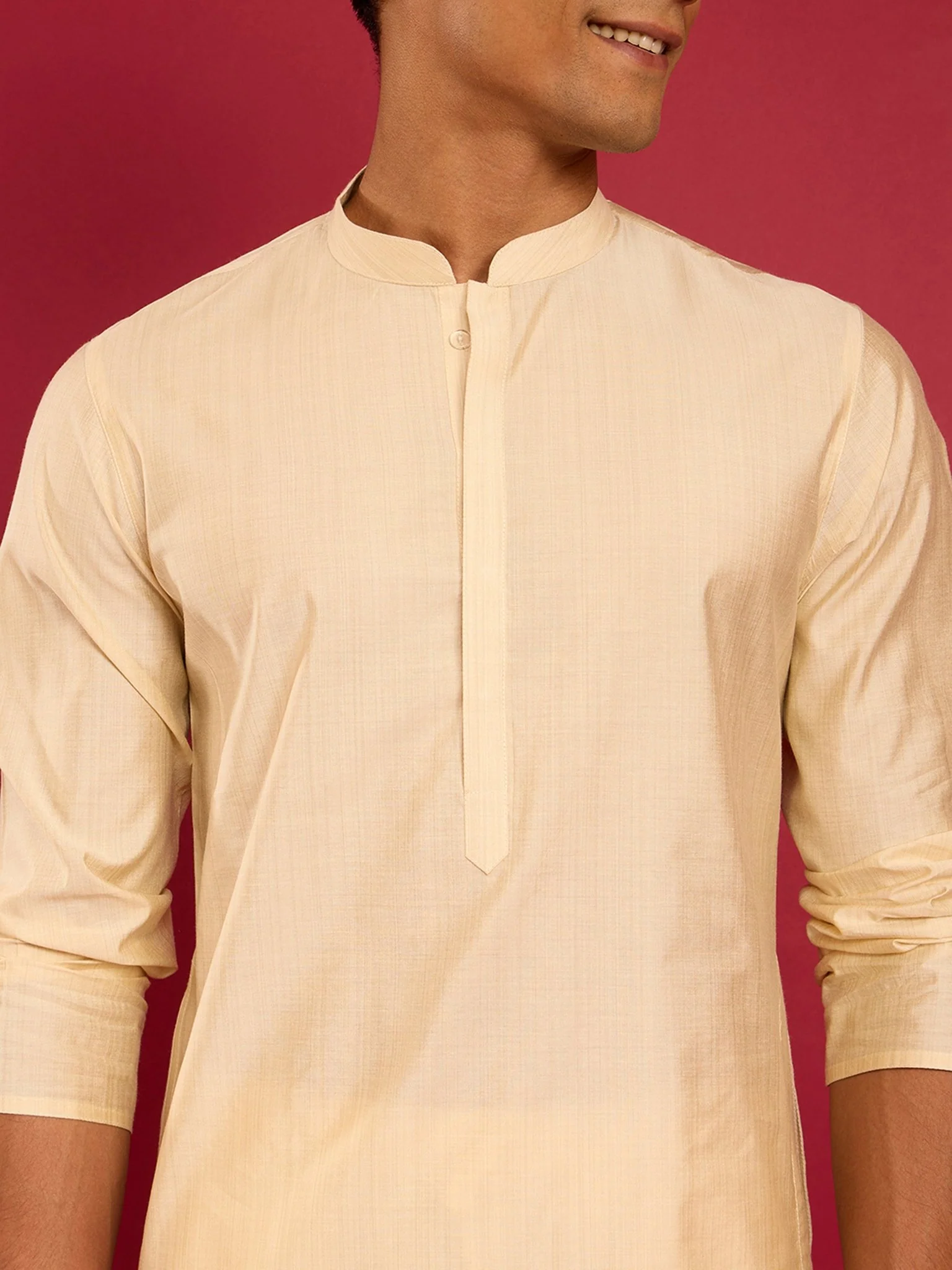 Men's Beige Silk Blend Kurta - Image 2