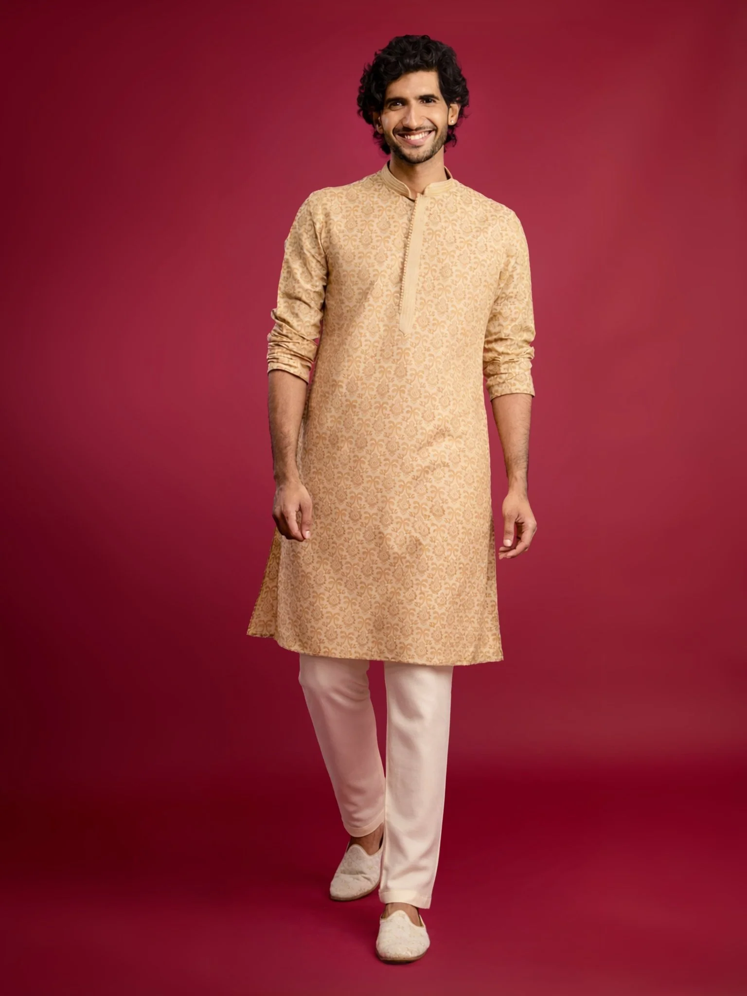 Men's Beige Silk Blend Kurta with Cream Pyjama Set - Image 3