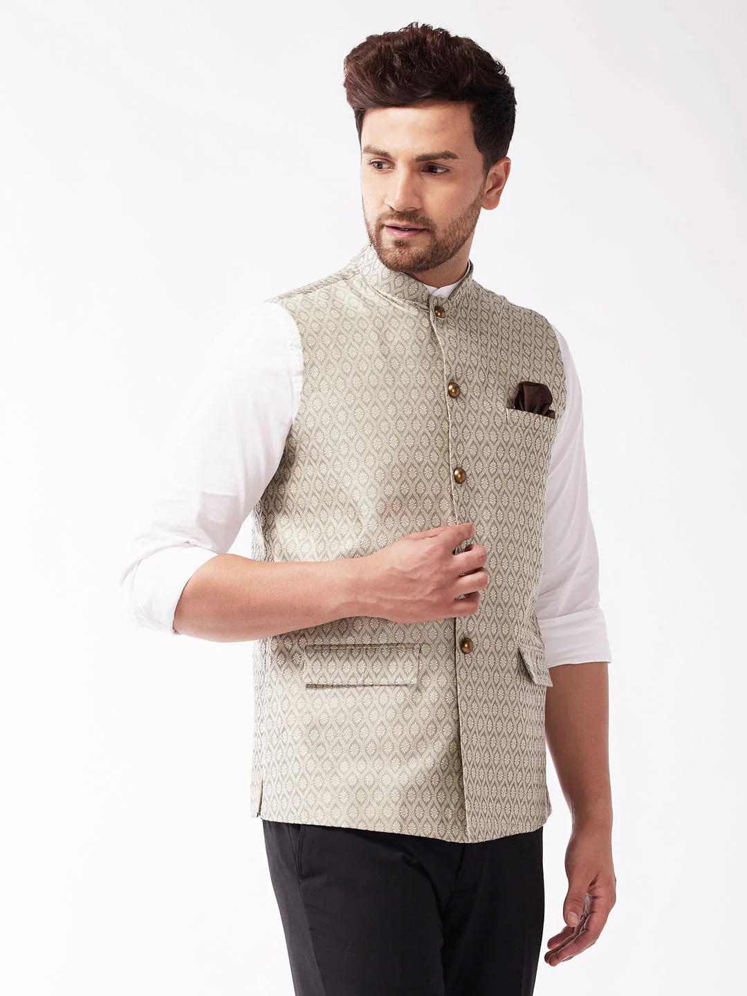 Men's Beige Jacquard Nehru Jacket - Image 2