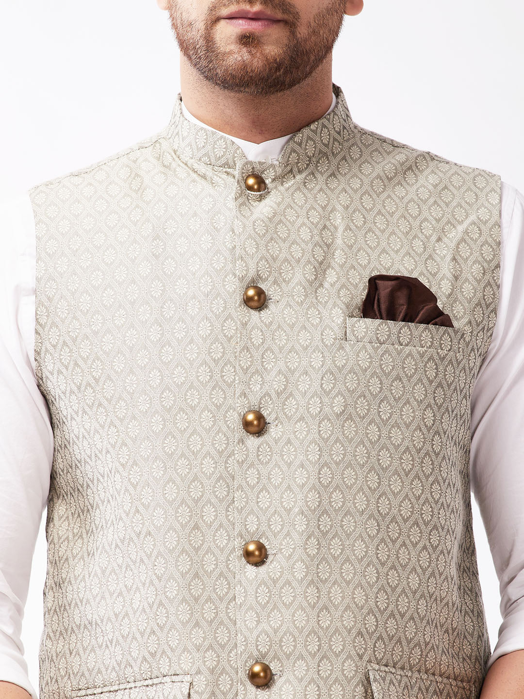 Men's Beige Jacquard Nehru Jacket - Image 4