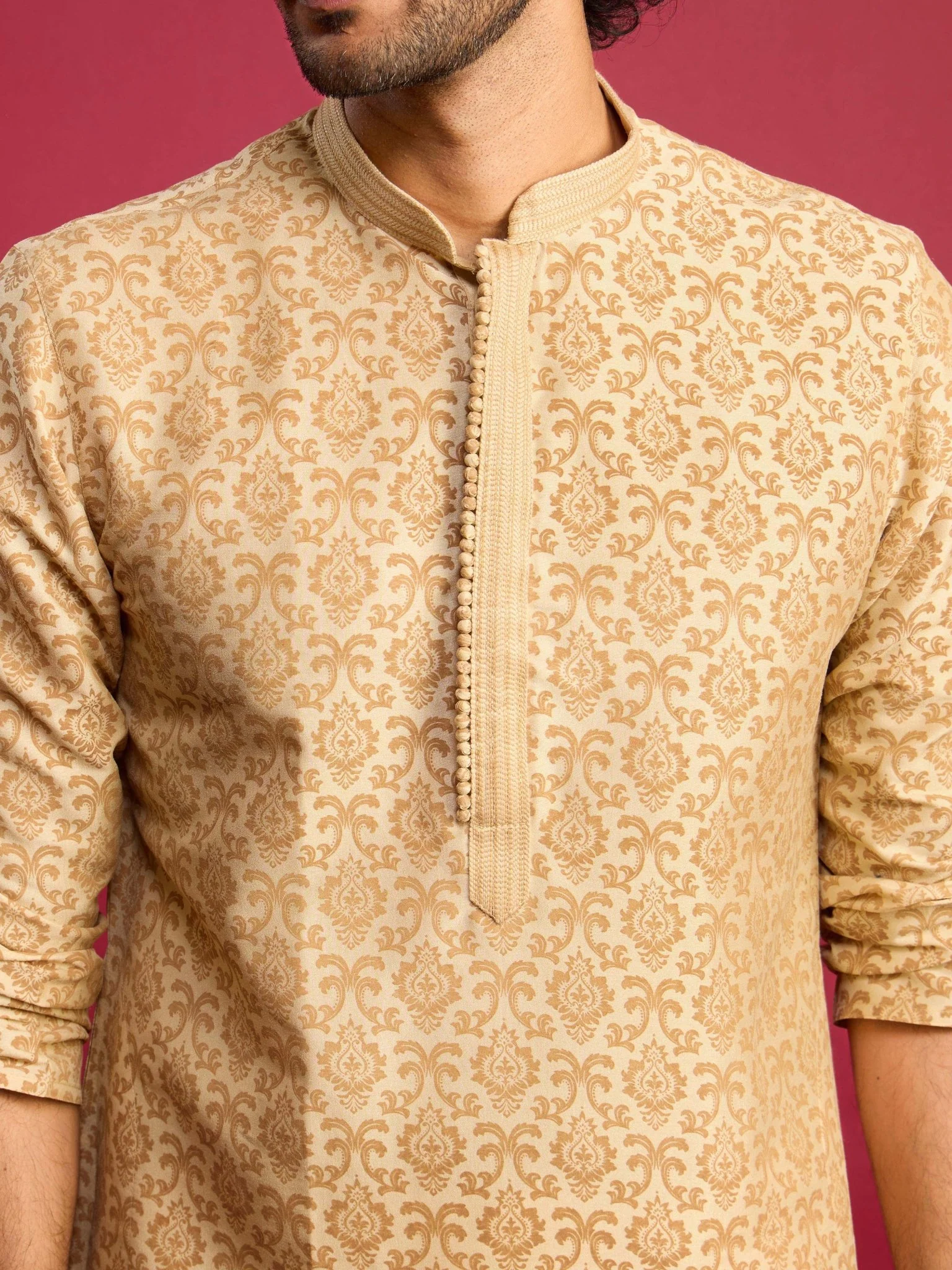 Men's Beige Silk Blend Screen Printed Thread Embroidered Long Kurta - Image 2