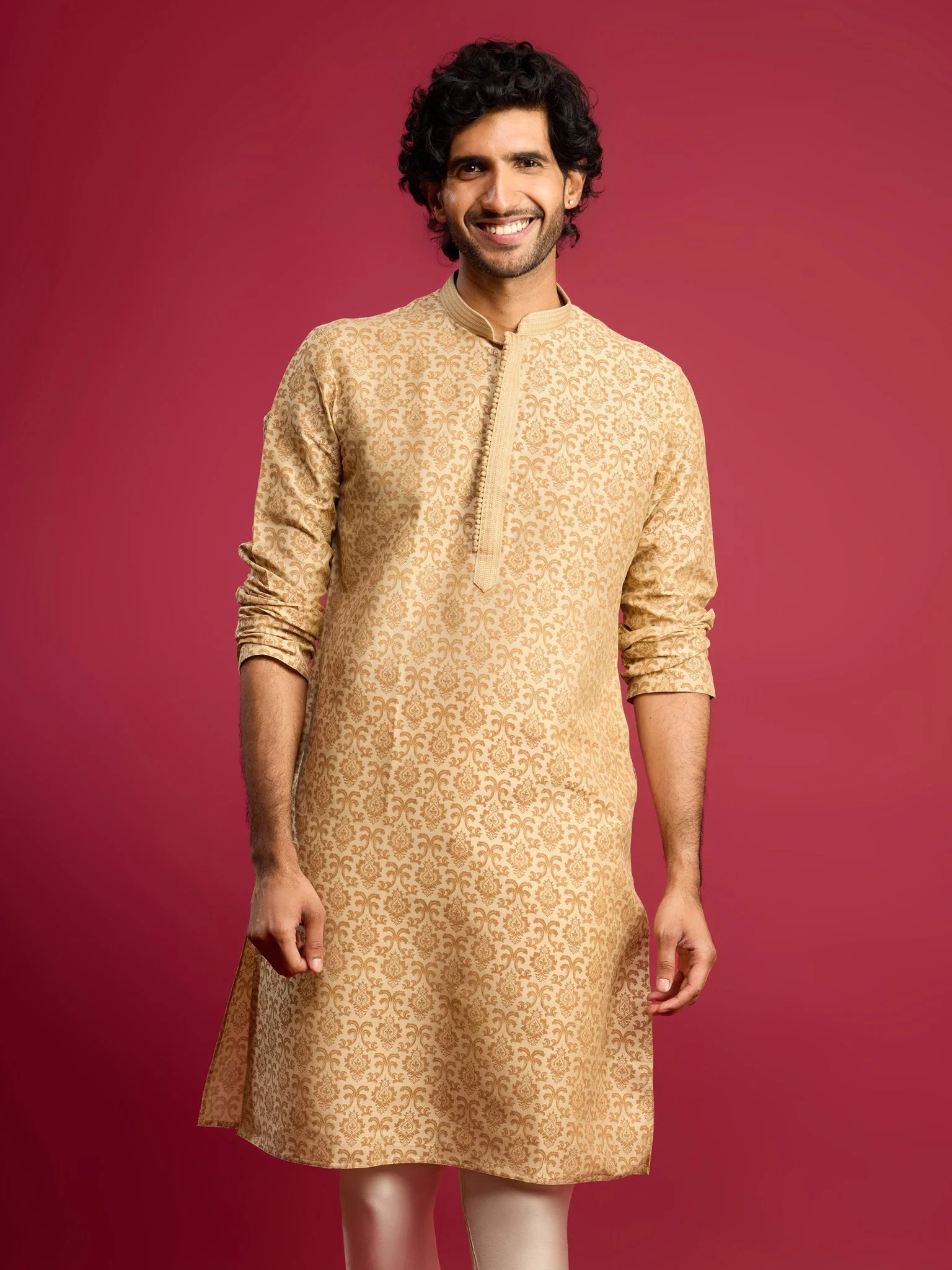 Men's Beige Silk Blend Screen Printed Thread Embroidered Long Kurta - Image 3