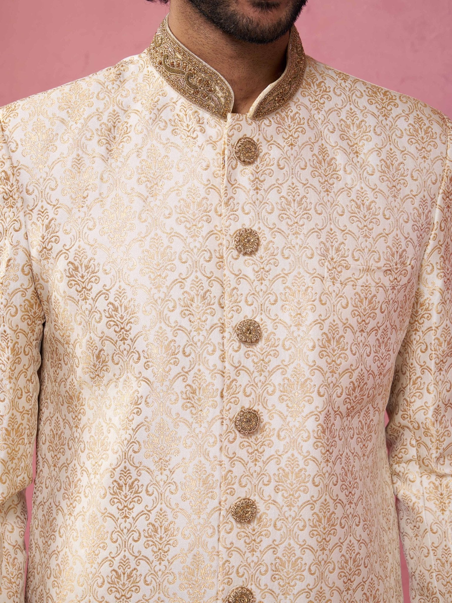 Men's Beige Silk Blend Sherwani Set with Cream Pyjama - Image 2