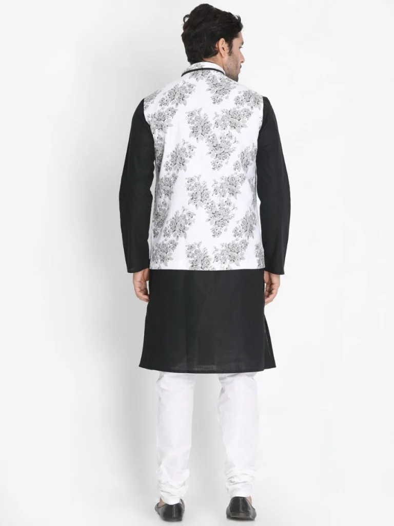 VASTRAMAY Men's Black Cotton Blend Kurta, Nehru Jacket and Pyjama Set - Image 3