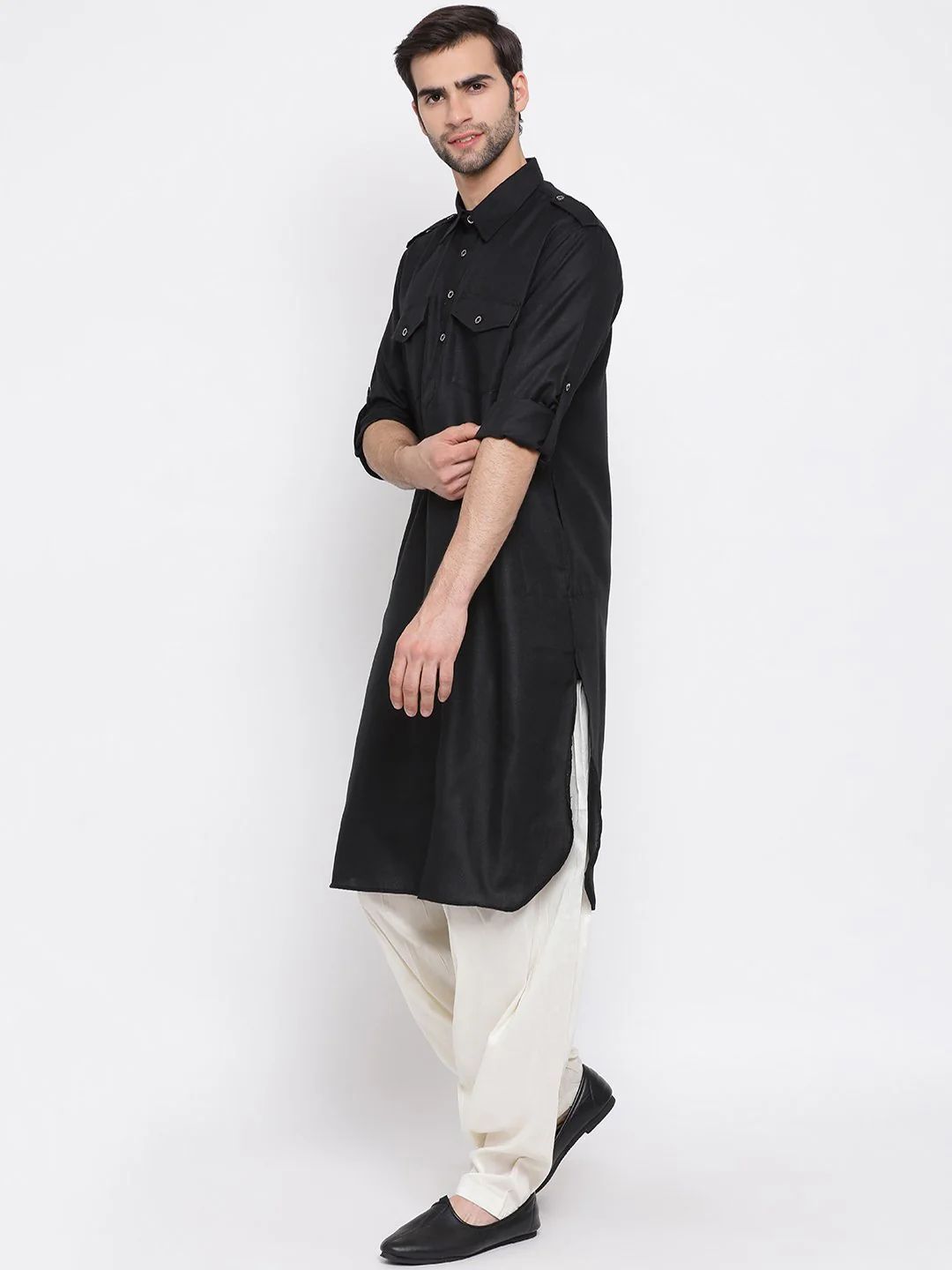 Men's Black Cotton Blend Pathani Suit Set - Image 2
