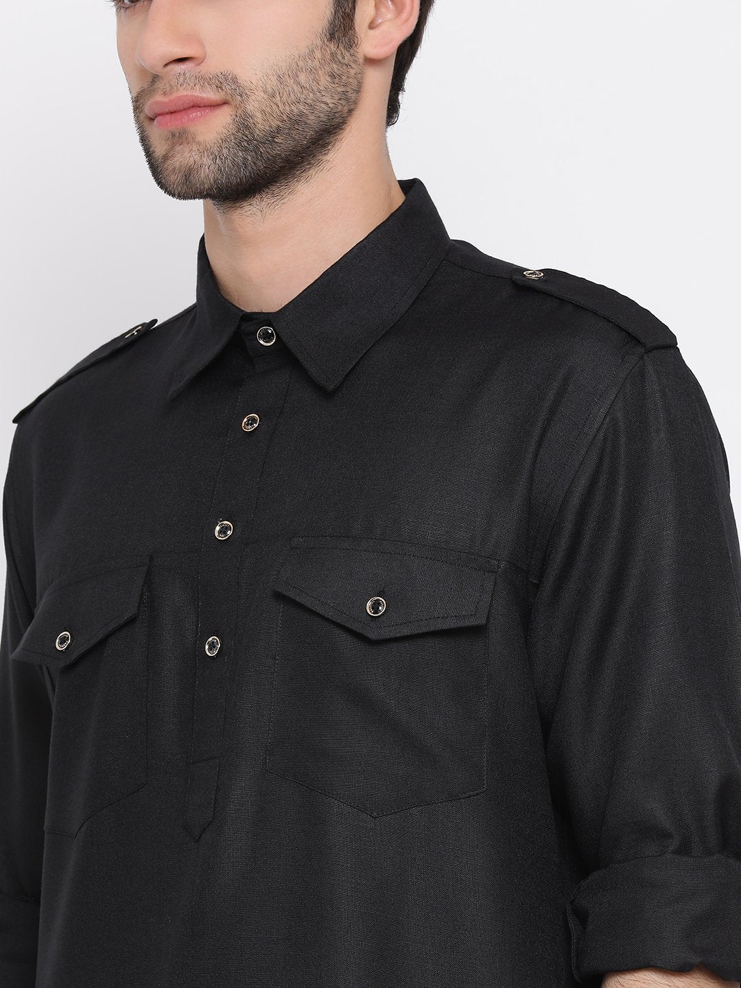 Men's Black Cotton Blend Pathani Suit Set - Image 3