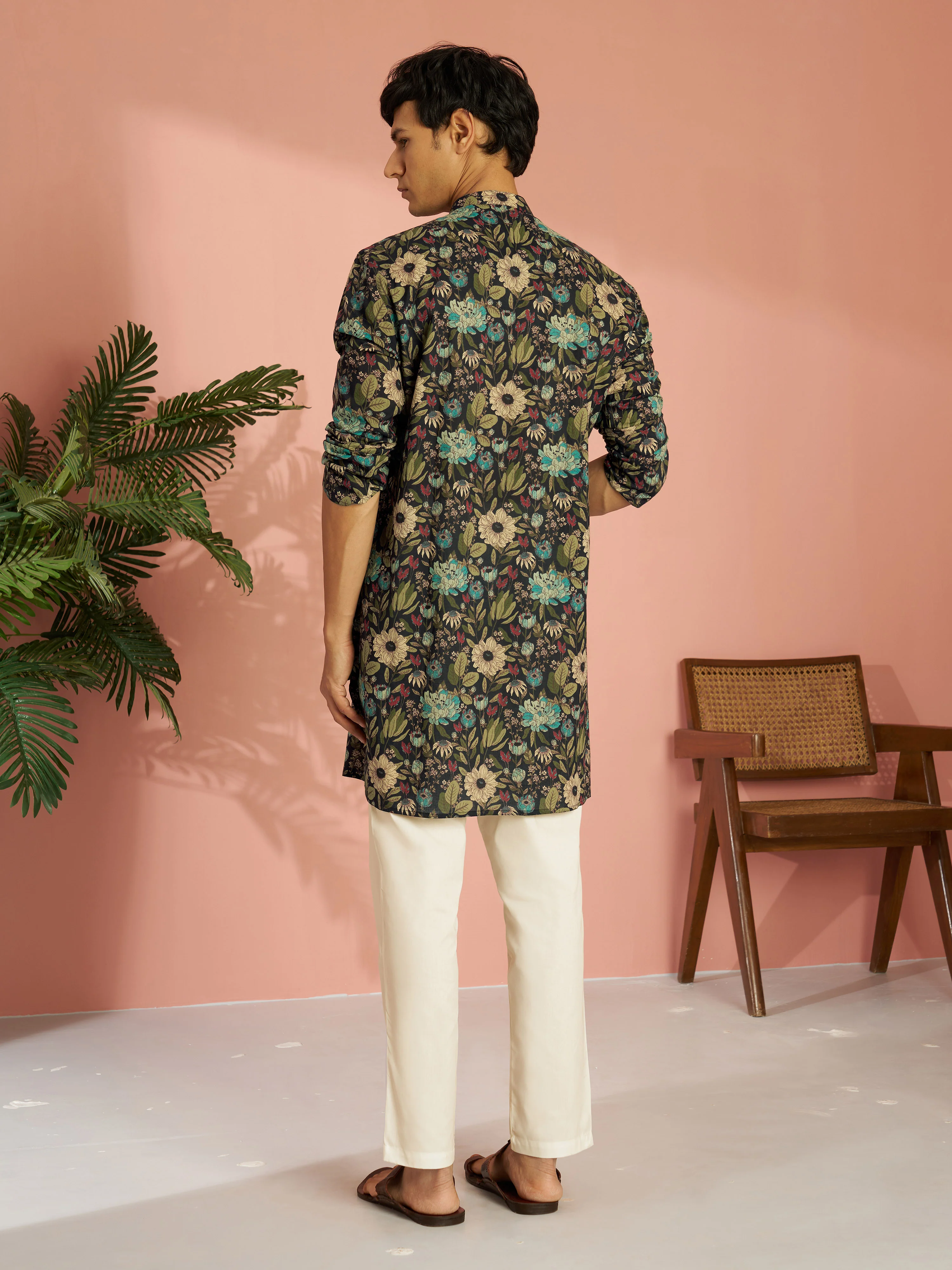 Men's Black Cotton Floral Printed Kurta with Cream Aligarh Pyjama Set - Image 5