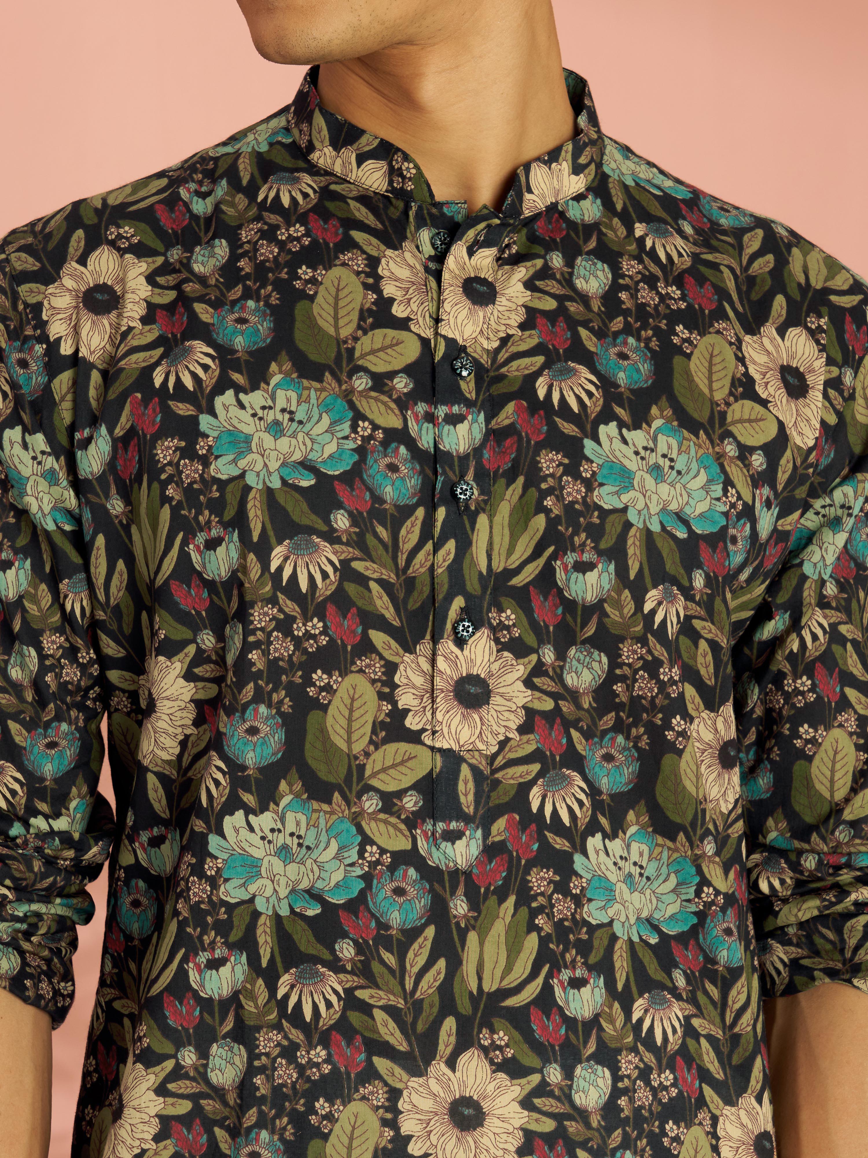 Men's Black Cotton Floral Printed Mid-Length Kurta - Image 2