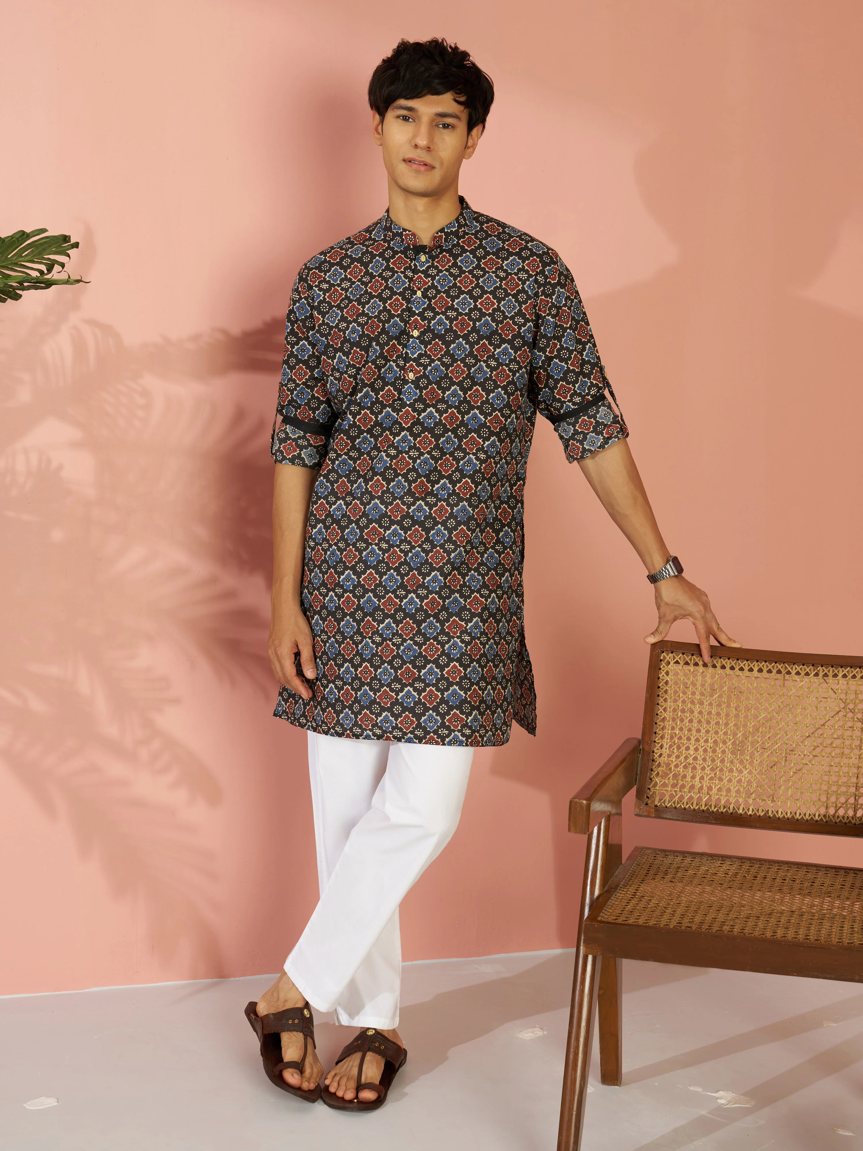 Men's Black Cotton Geometric Printed Cuffed Kurta with White Pyjama Set