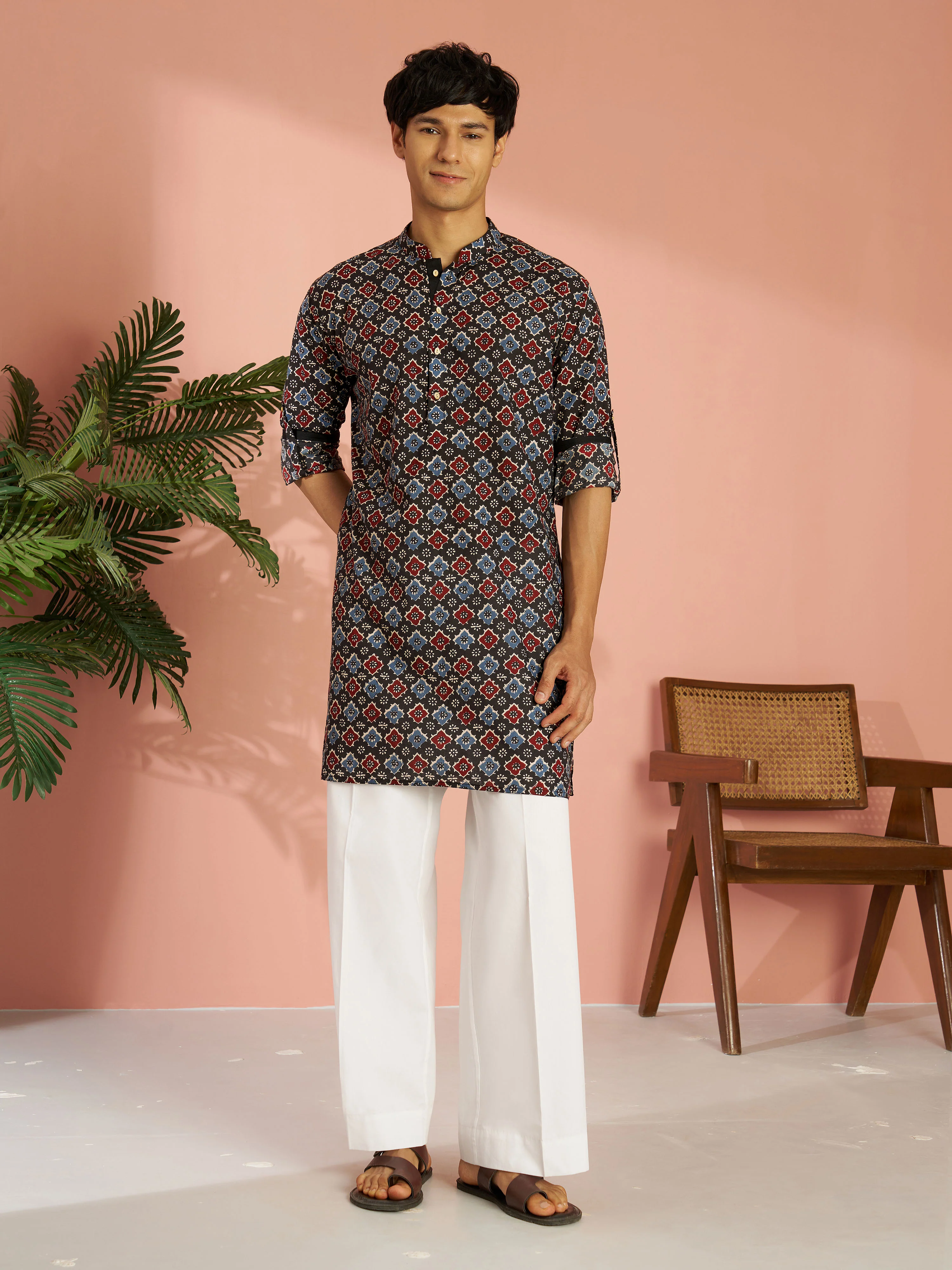 Men's Black Cotton Geometric Printed Cuffed Kurta with White Wide Leg Pant Set - Image 4