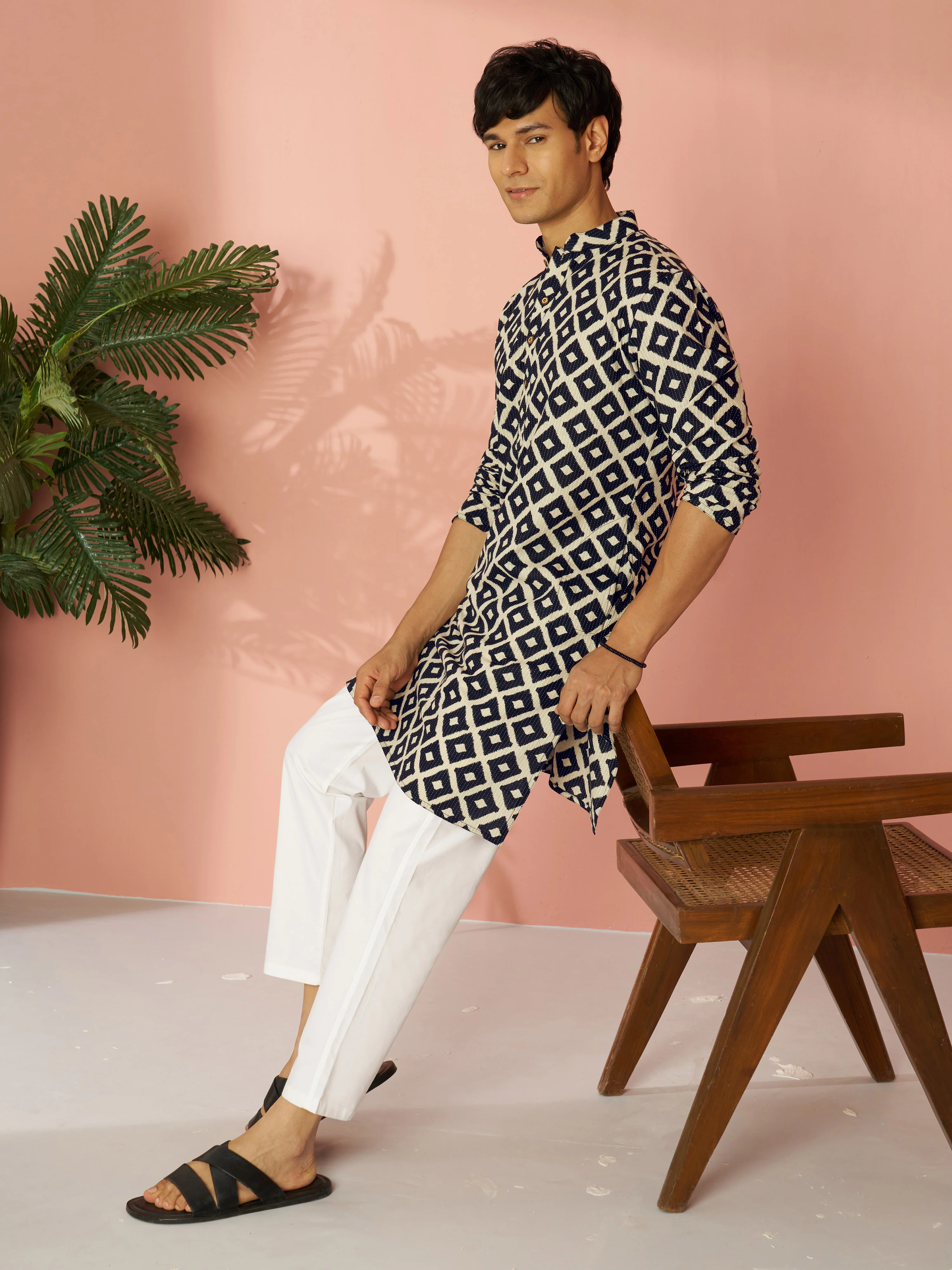 Men's Black Cotton Geometric Printed & Embroidered Kurta with White Pyjama Set