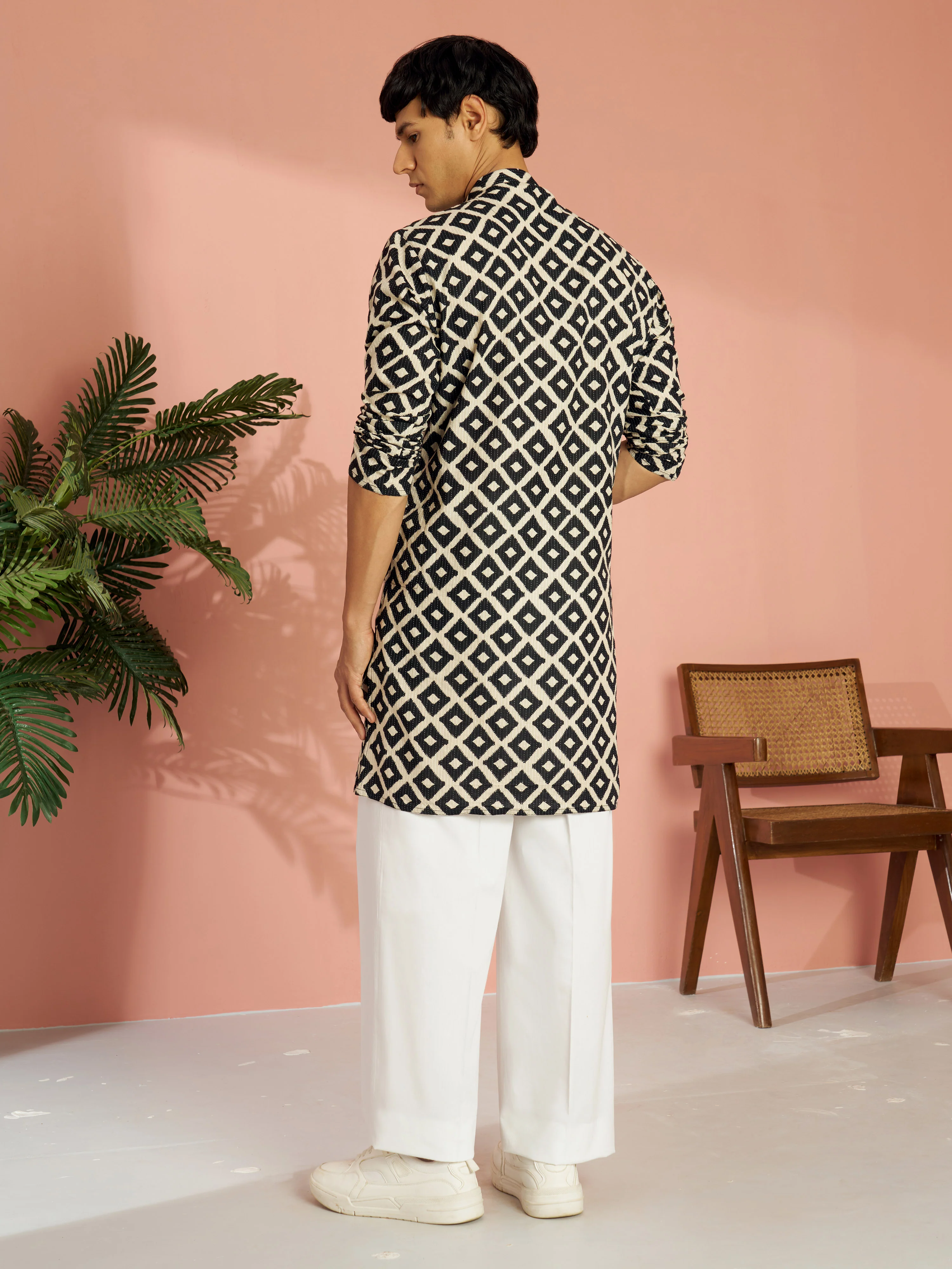 Men's Black Cotton Geometric Printed & Embroidered Kurta with White Wide Leg Pant Set - Image 4