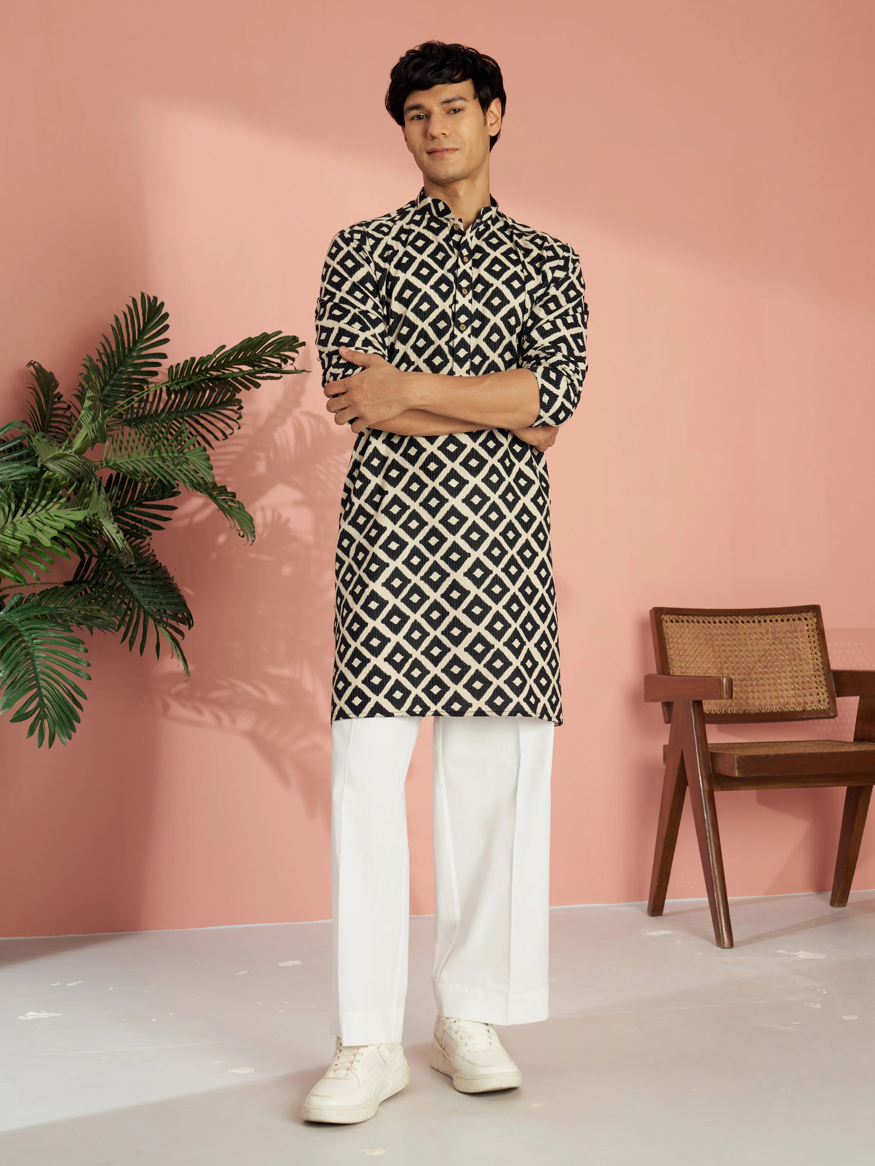 Men's Black Cotton Geometric Printed & Embroidered Kurta with White Wide Leg Pant Set - Image 5