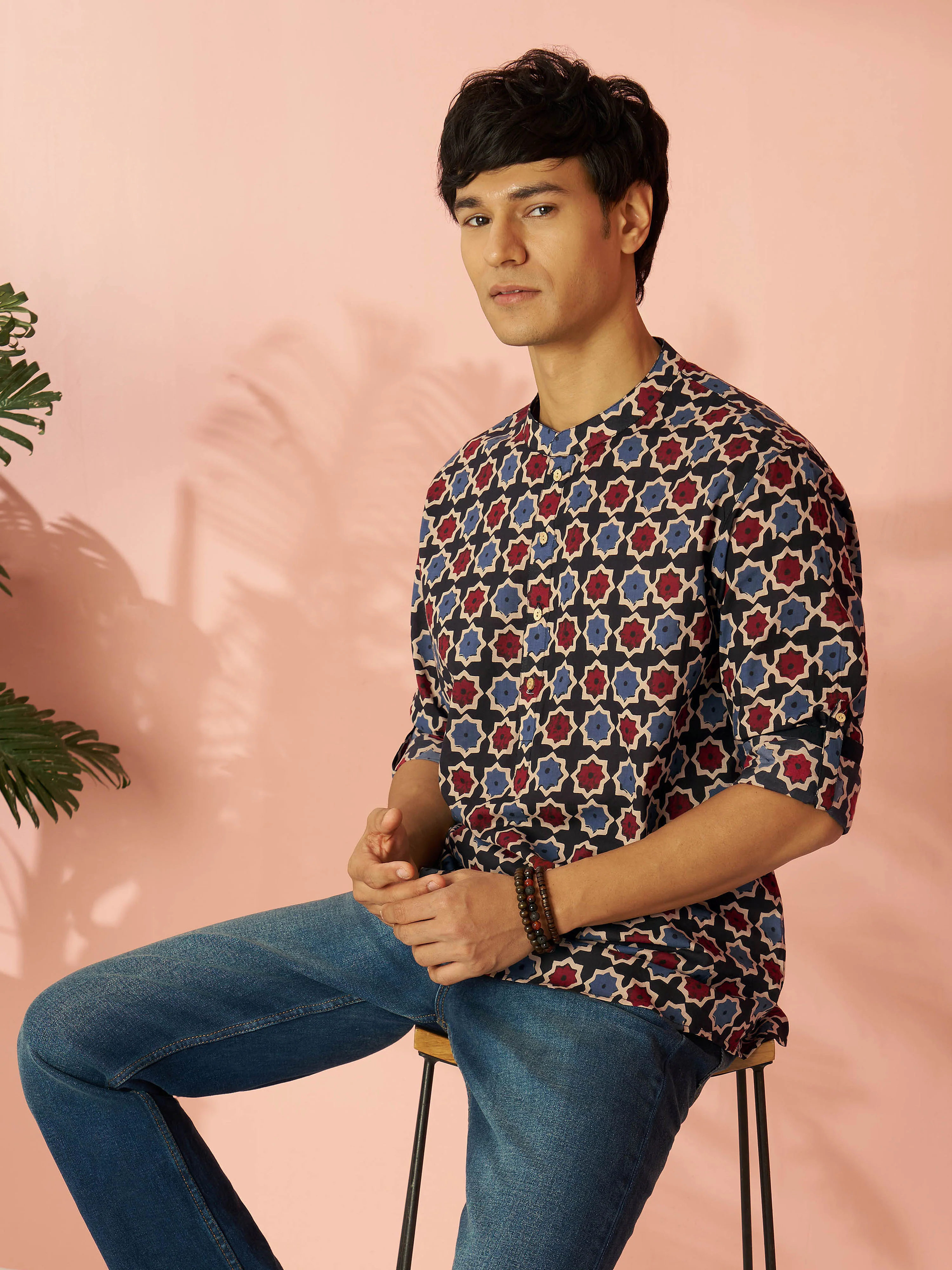 Men's Black Cotton Geometric Printed Short Kurta